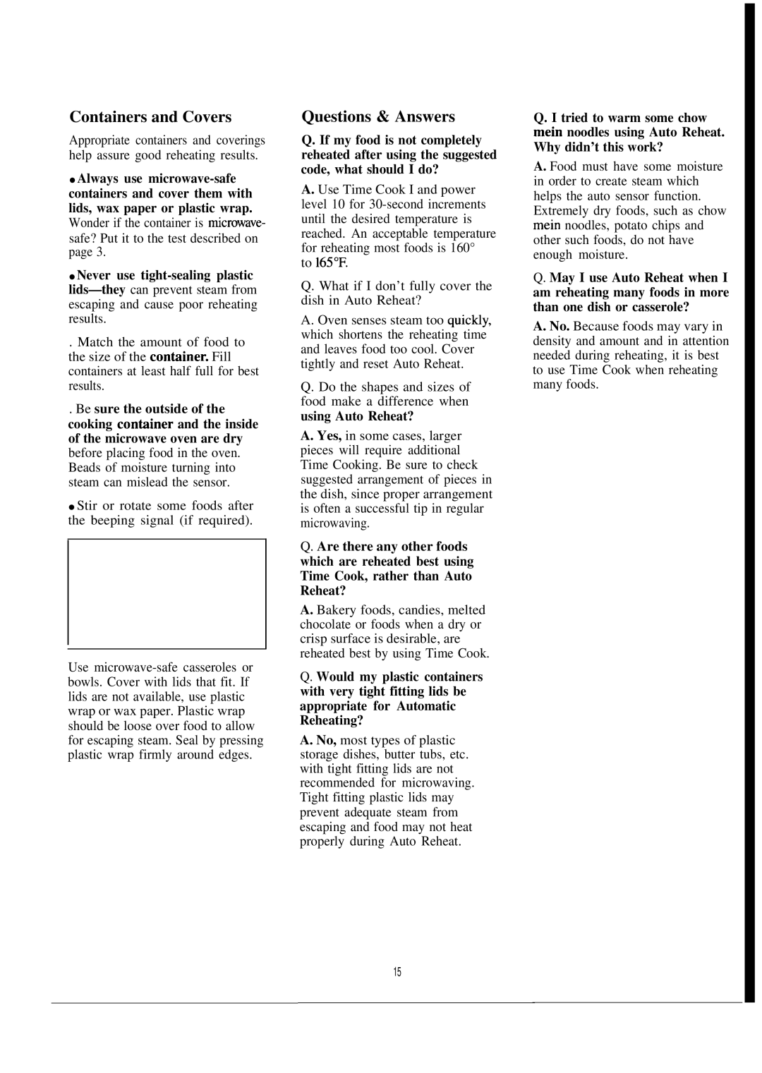 GE JVM152J manual Containers and Covers, Questions & Answers 