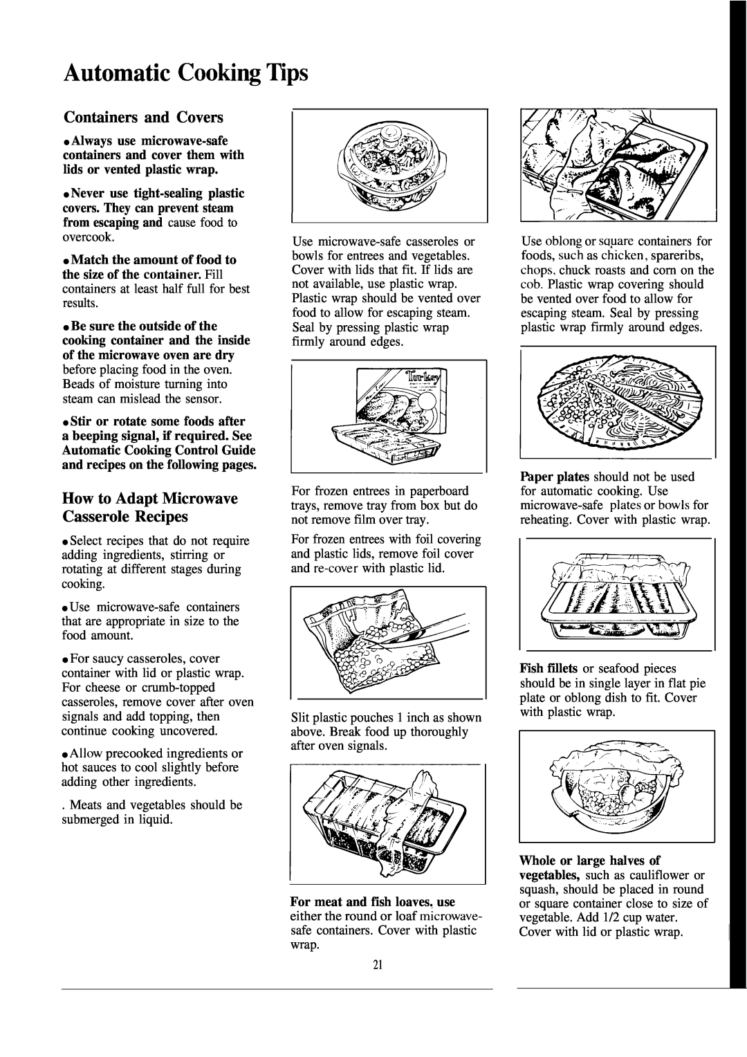 GE JVM152J manual Automatic Cooting ~ps, Containers and Covers, How to Adapt Microwave Casserole Recipes 