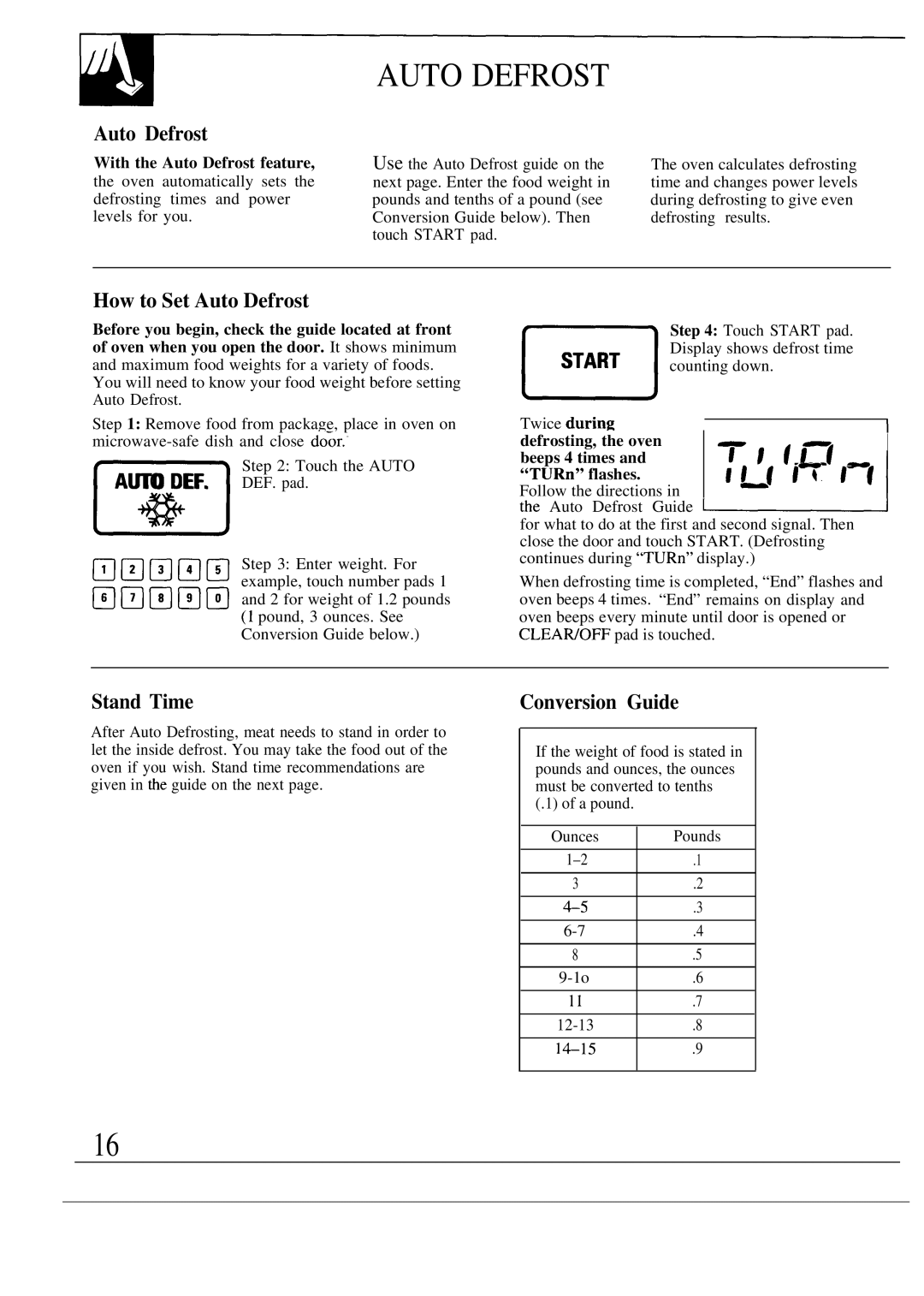 GE JVM152K, JVM150K, JVM172K, JVM153K warranty How to Set Auto Defrost, Stand Time, Conversion Guide 