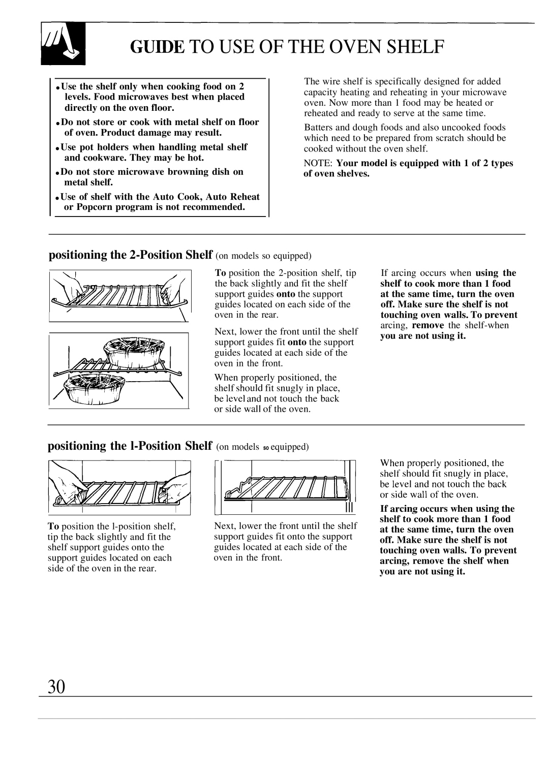 GE JVM172K, JVM152K, JVM150K, JVM153K GU~E to USE of the Oven Shelf, Positioning the l-Position Shelf on models so equipped 