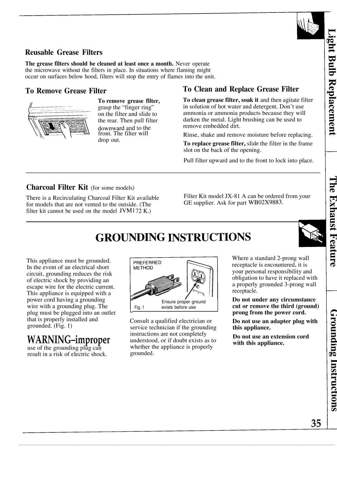 GE JVM153K Ground~G ~Structions, Reusable Grease Filters, To Remove Grease Filter To Clean and Replace Grease Filter 