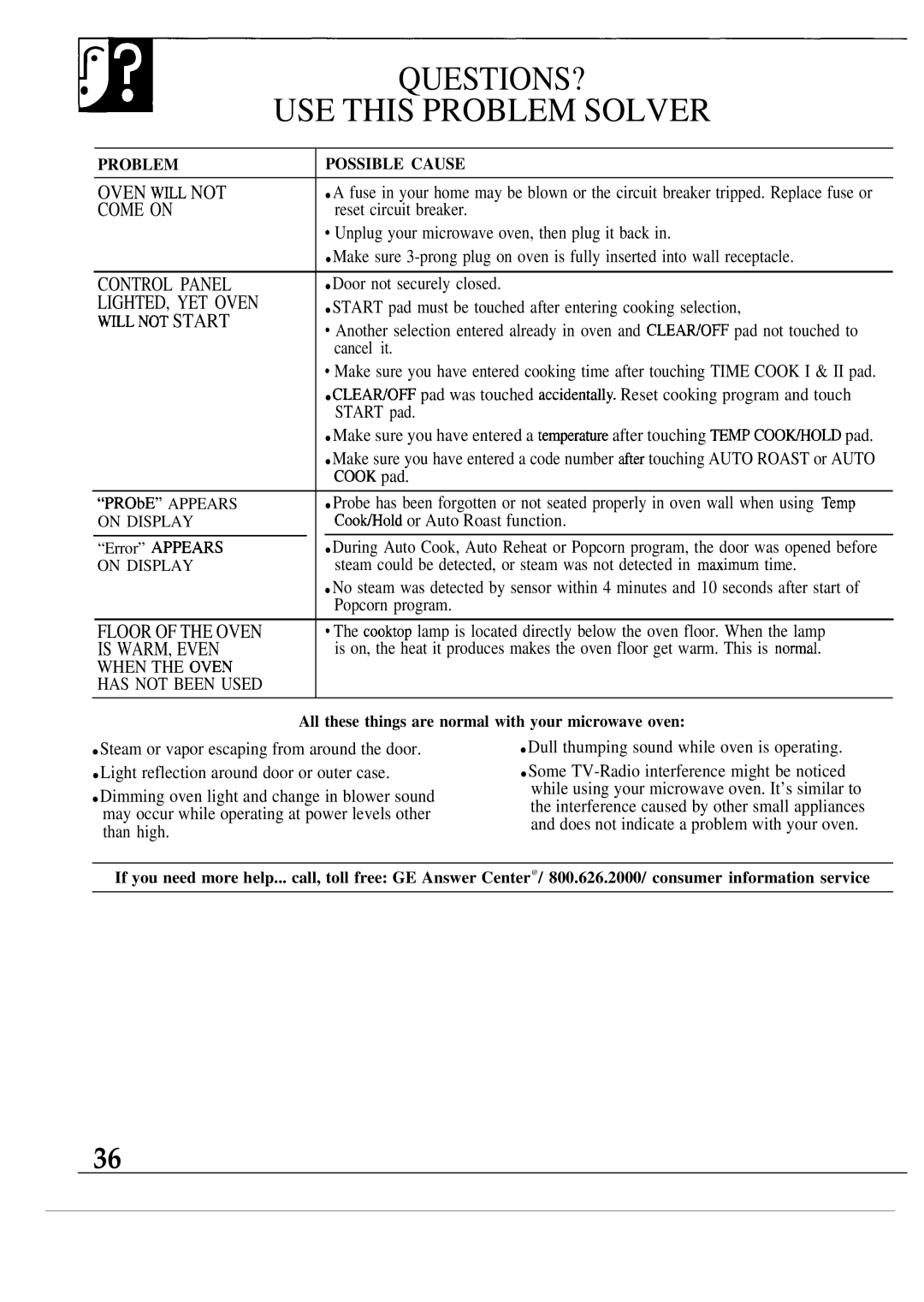 GE JVM152K, JVM150K, JVM172K, JVM153K warranty USE this Problem Solver 