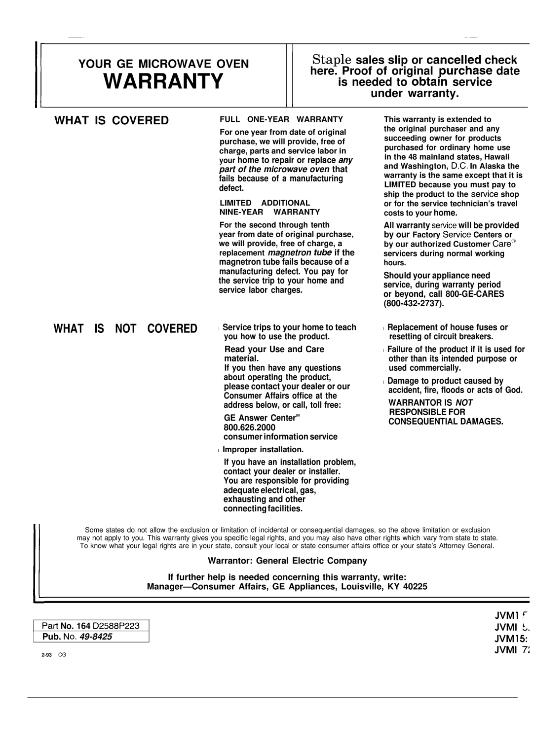 GE JVM152K, JVM150K, JVM172K, JVM153K warranty Warranty 