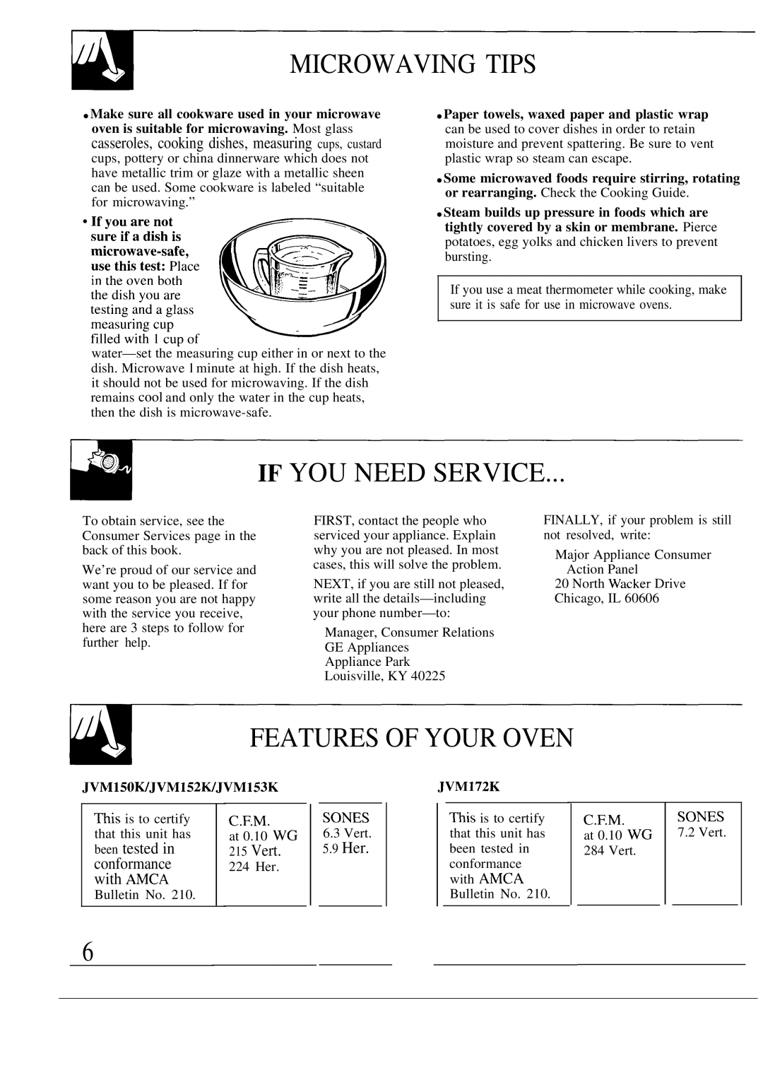 GE JVM172K, JVM152K, JVM150K, JVM153K warranty Microwaving Tips, If YOU Need Service, Features of Your Oven 