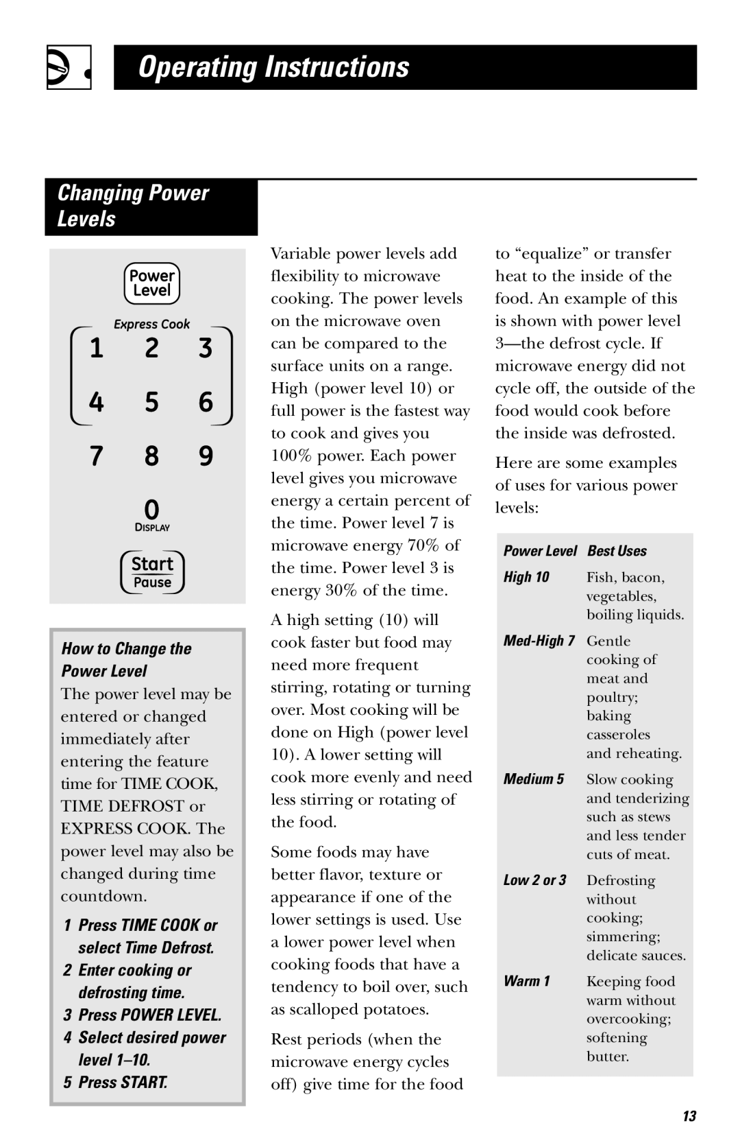 GE JVM1530 Changing Power Levels, How to Change Power Level, Press Power Level Select desired power level Press Start 