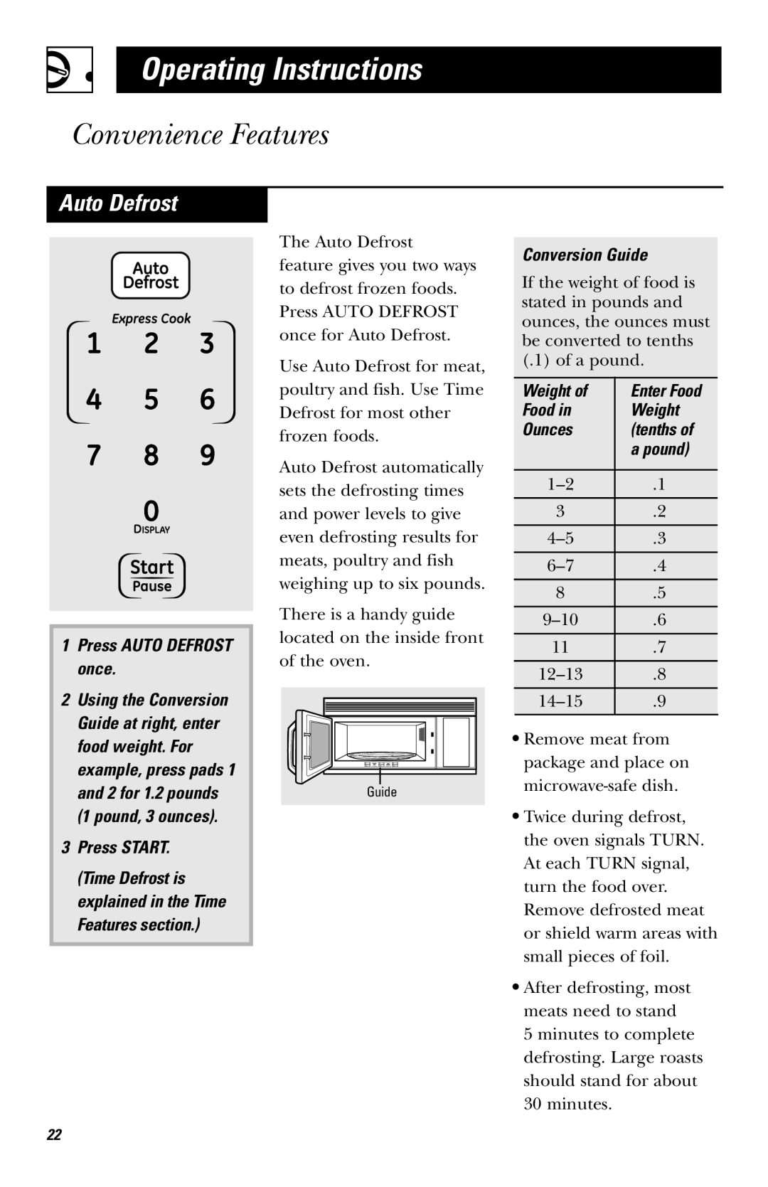 GE JVM1530 owner manual Press Auto Defrost once, Conversion Guide, Food Weight Ounces Tenths Pound 