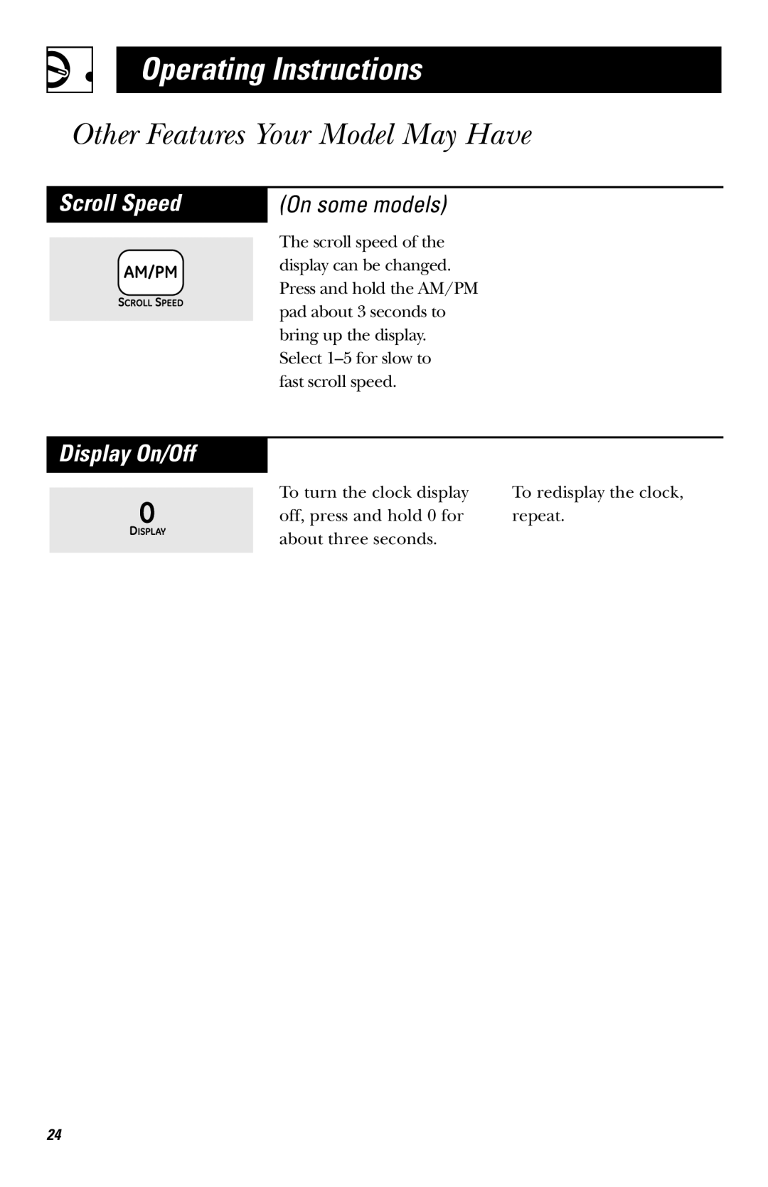 GE JVM1530 owner manual Scroll Speed, Display On/Off 