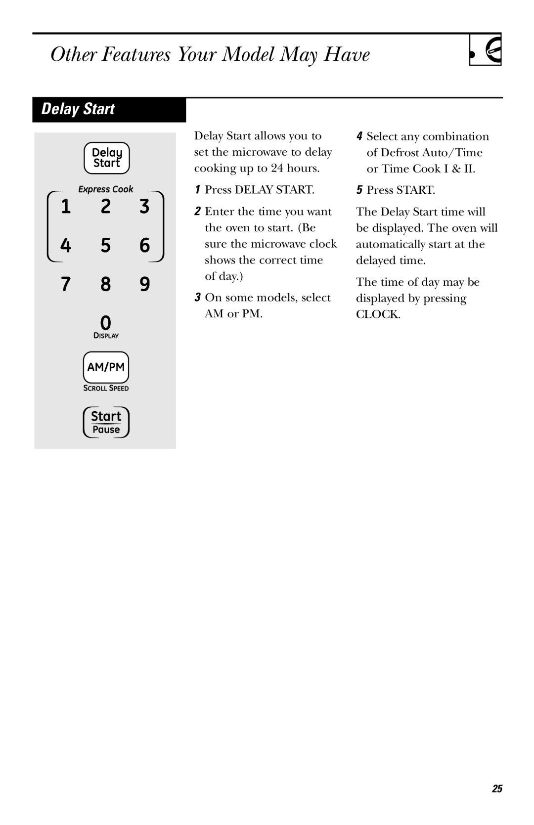 GE JVM1530 owner manual Delay Start 