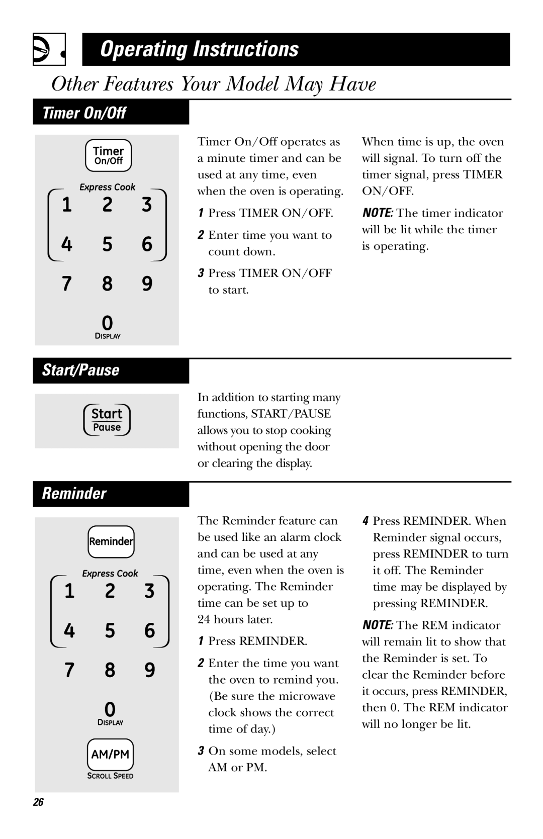 GE JVM1530 owner manual Timer On/Off, Start/Pause 