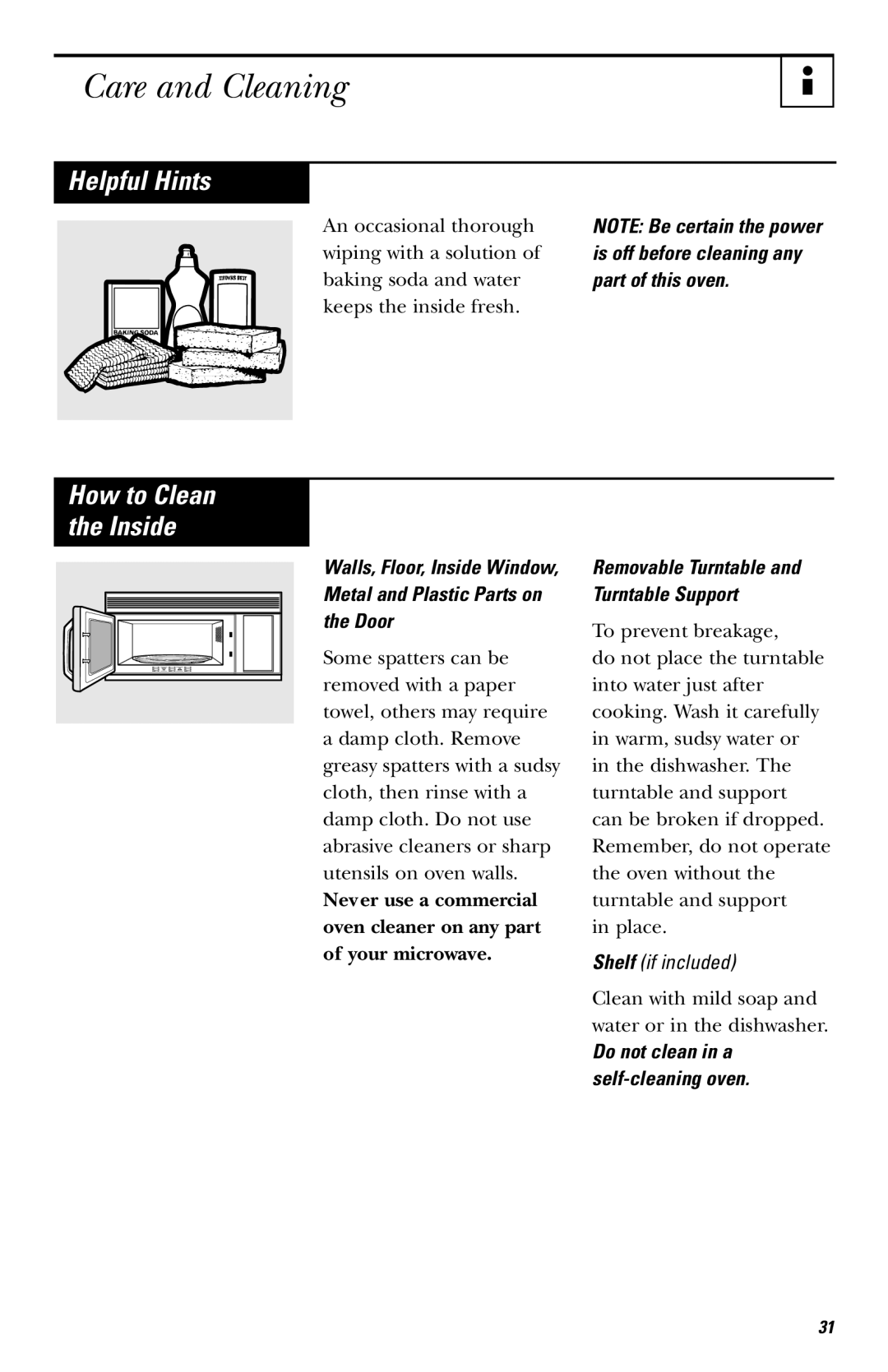 GE JVM1530 owner manual Care and Cleaning, Helpful Hints, Removable Turntable and Turntable Support 