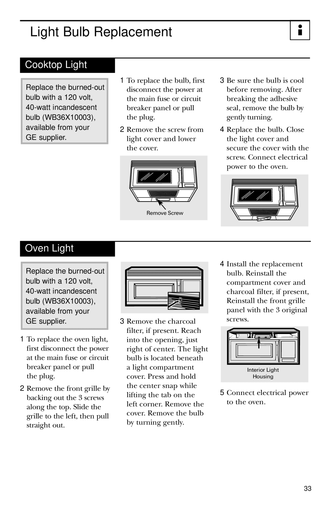 GE JVM1530 owner manual Light Bulb Replacement, Cooktop Light, Oven Light 