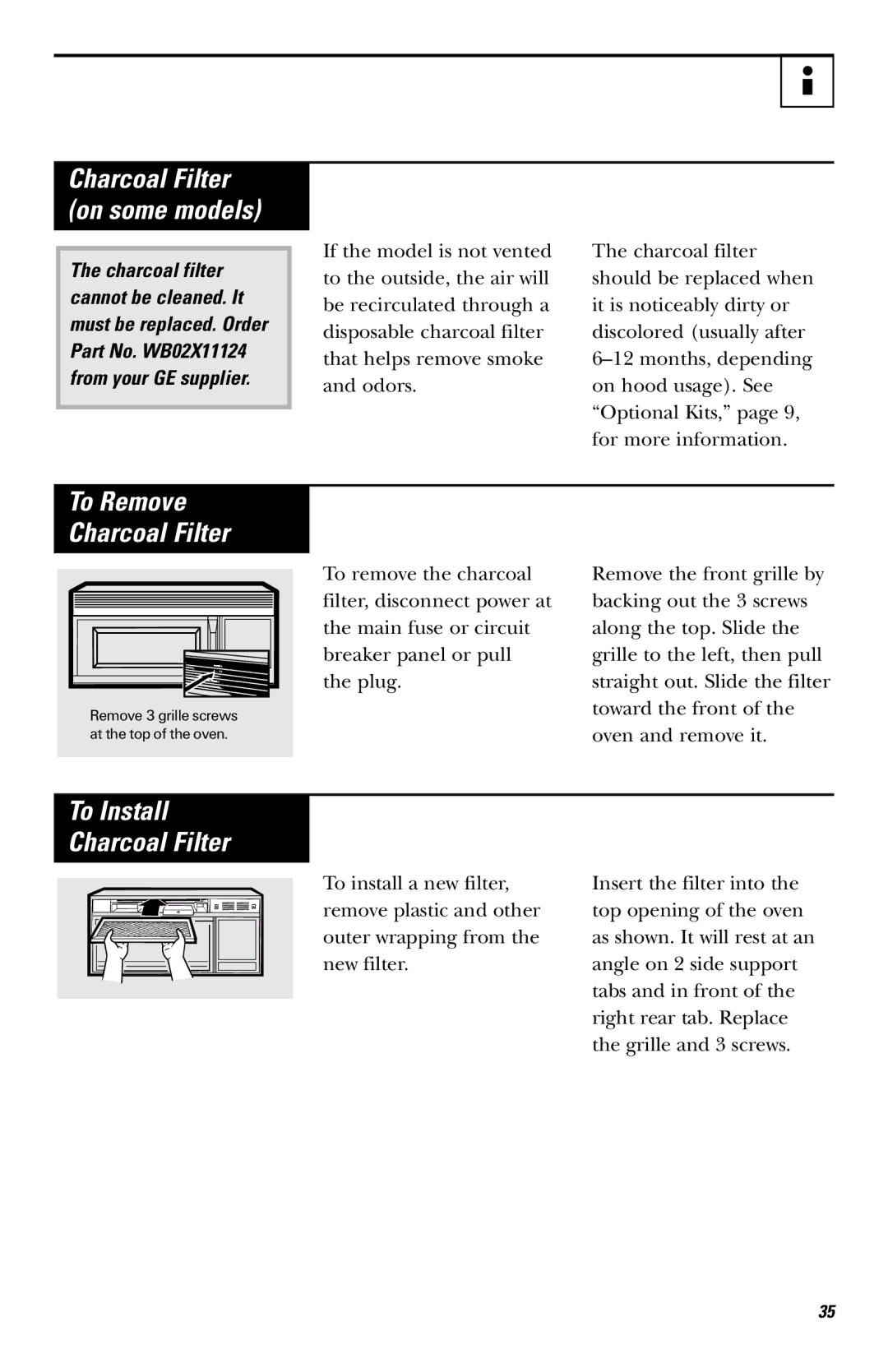 GE JVM1530 owner manual To Remove Charcoal Filter, To Install Charcoal Filter 