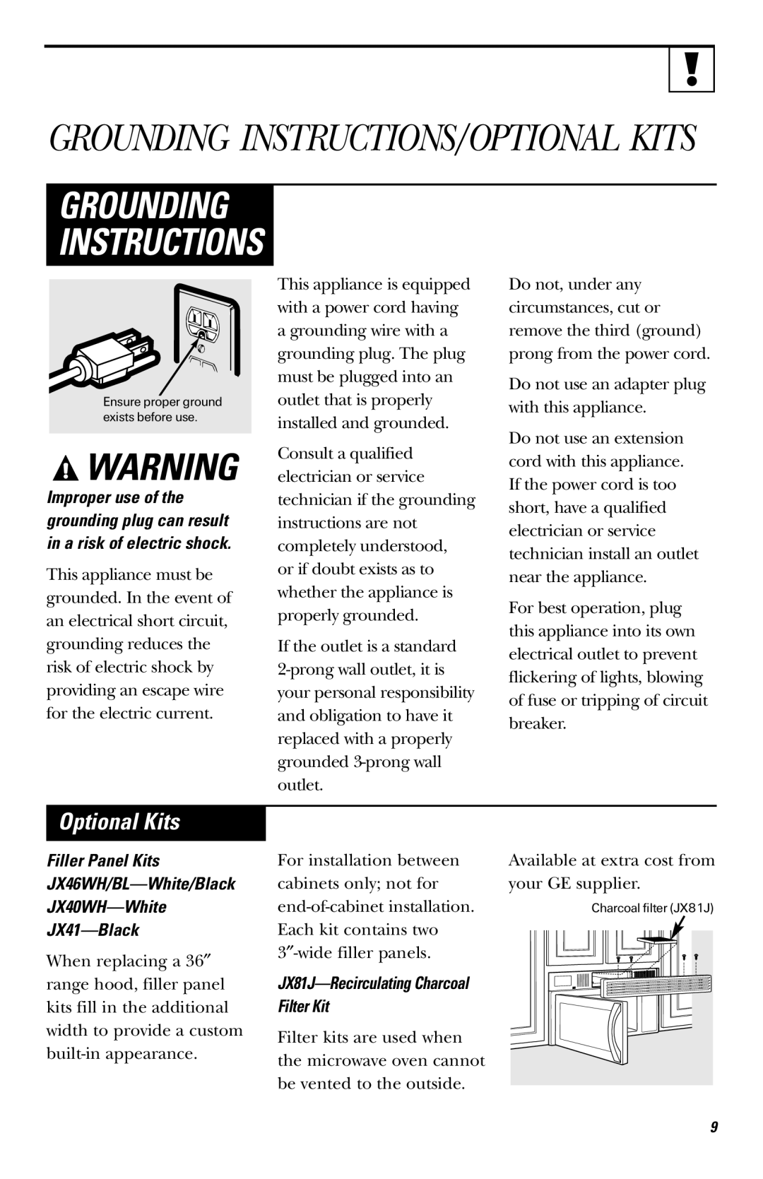 GE JVM1530 owner manual Optional Kits, JX81J-Recirculating Charcoal Filter Kit 