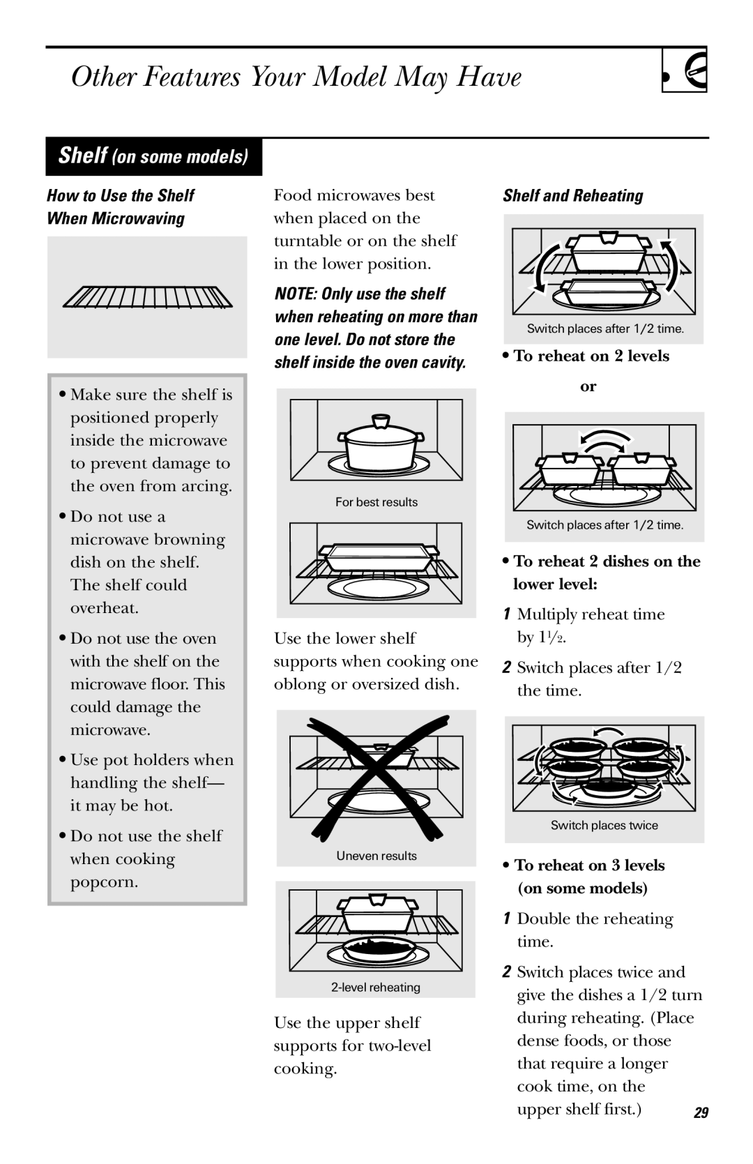 GE JVM1530 owner manual Other Features Your Model May Have, Shelf on some models, How to Use the Shelf When Microwaving 
