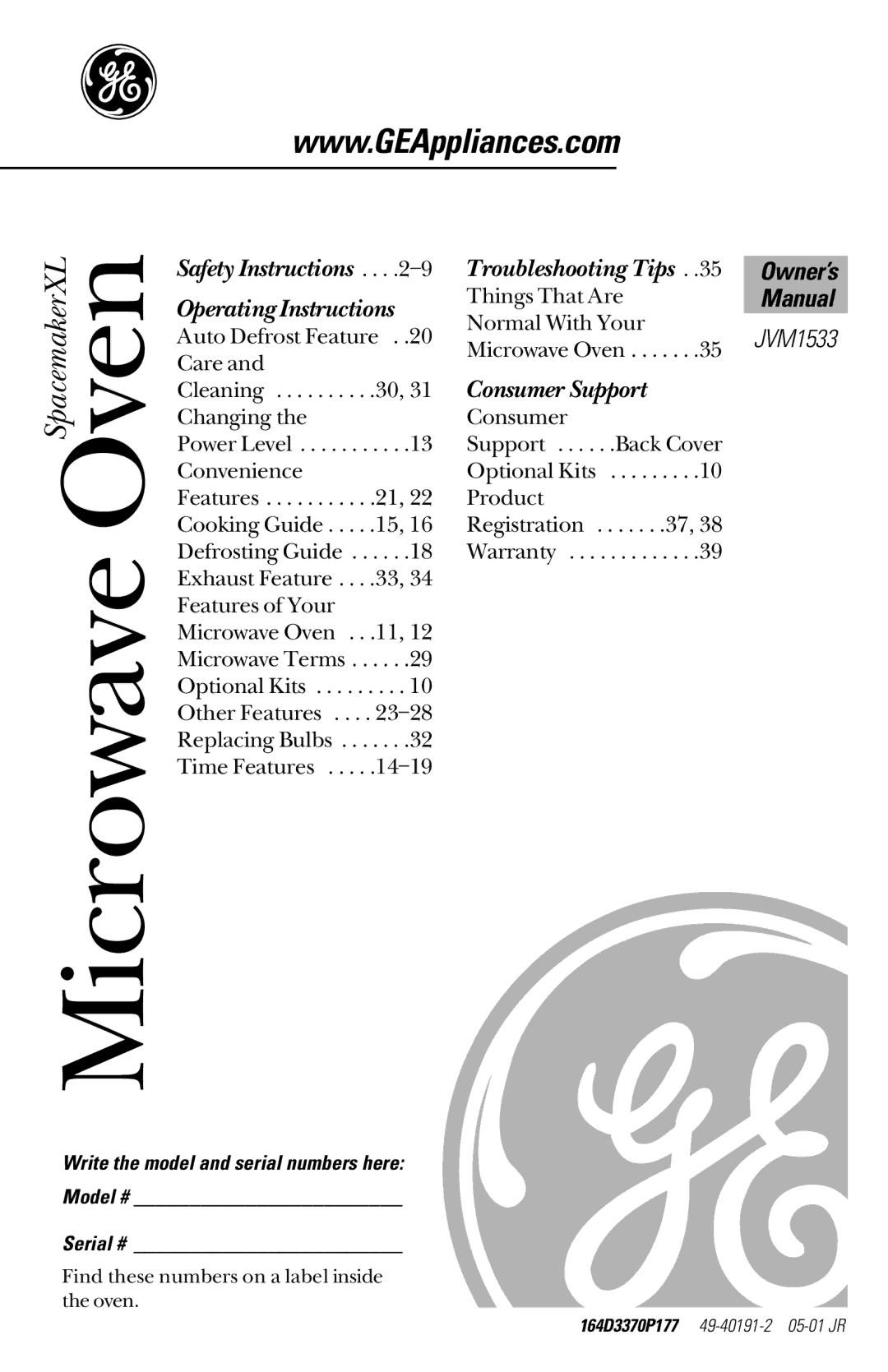 GE JVM1533 owner manual Operating Instructions, Manual 