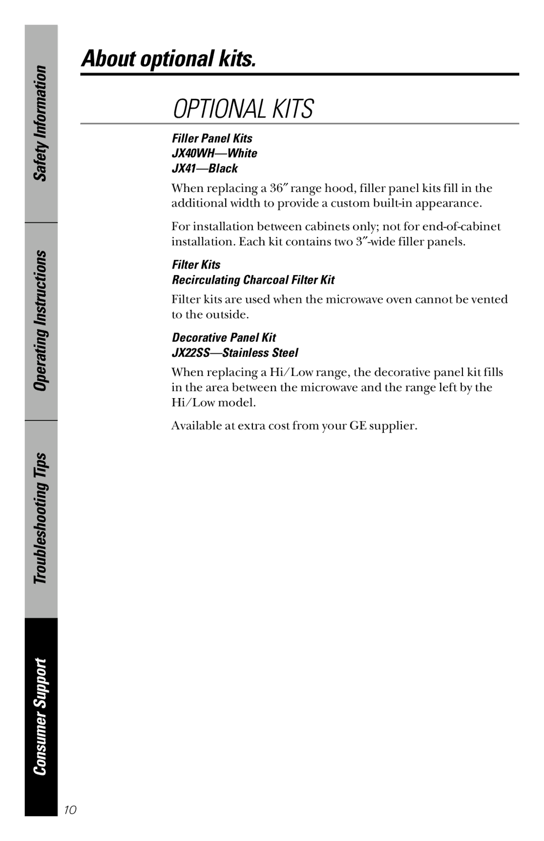 GE JVM1533 About optional kits, Filler Panel Kits JX40WH-White JX41-Black, Filter Kits Recirculating Charcoal Filter Kit 