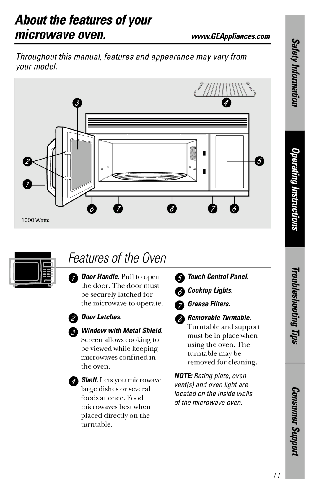 GE JVM1533 owner manual About the features of your Microwave oven, Features of the Oven 