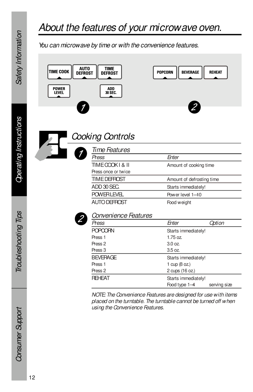 GE JVM1533 owner manual Time Features, Convenience Features, Press Enter Option 