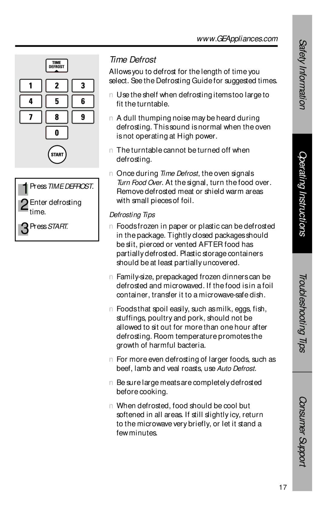 GE JVM1533 owner manual Press Time Defrost, Defrosting Tips 