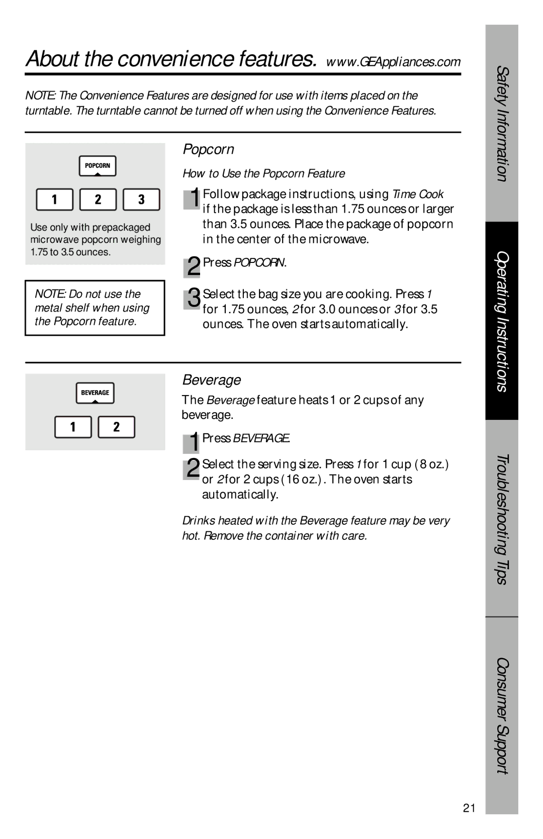 GE JVM1533 owner manual Beverage, How to Use the Popcorn Feature 