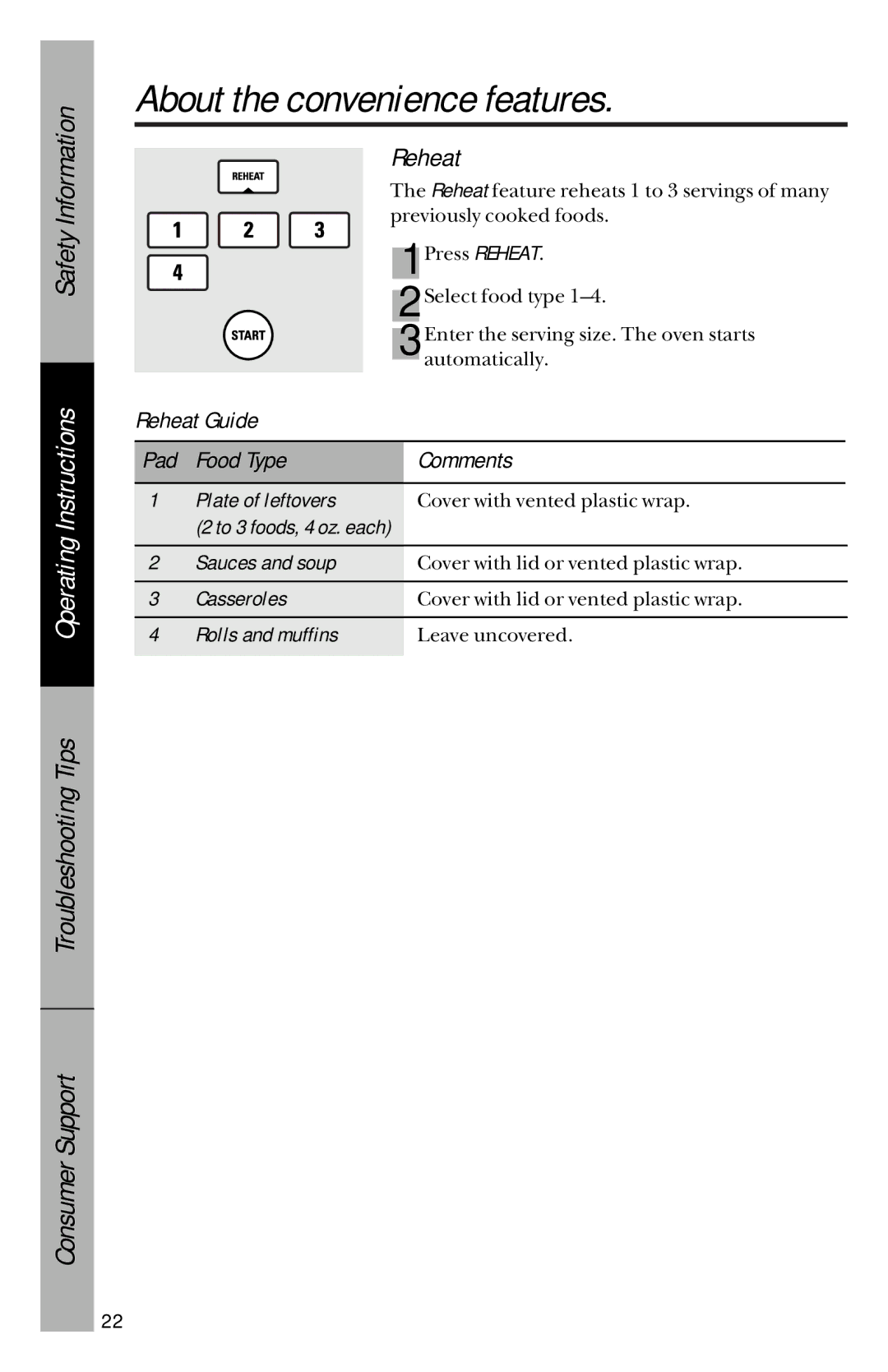 GE JVM1533 owner manual About the convenience features, Reheat 