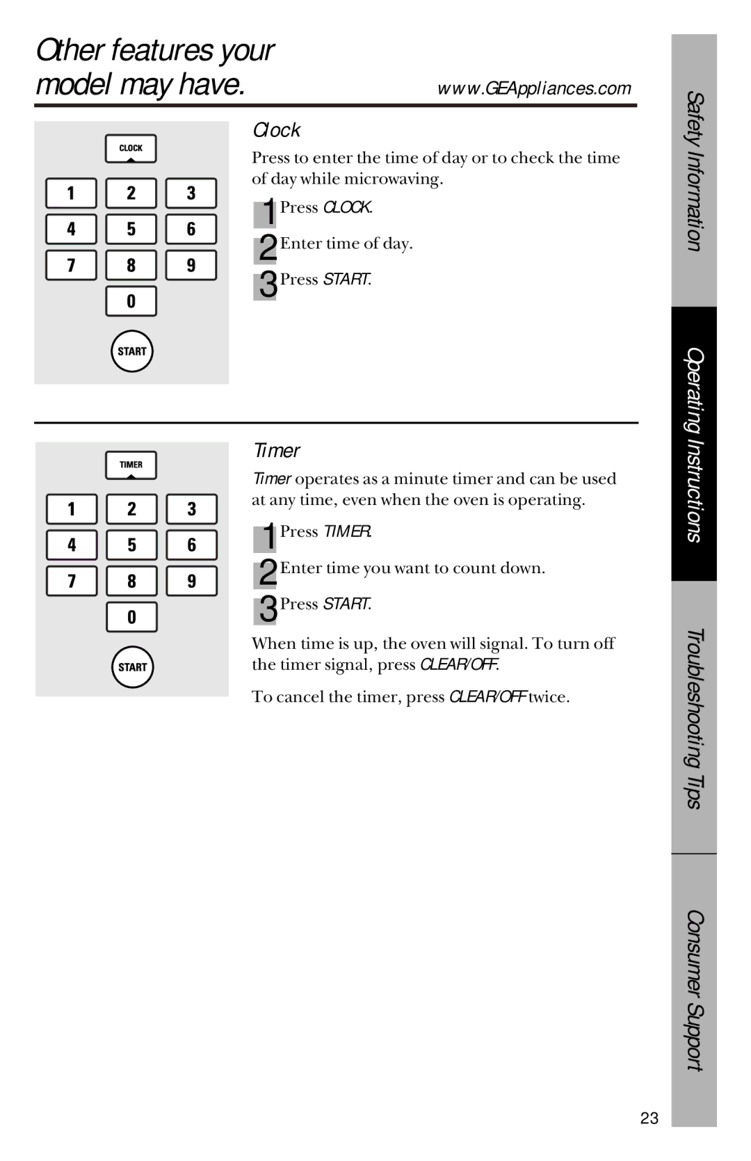 GE JVM1533 owner manual Other features your, Clock, Timer 