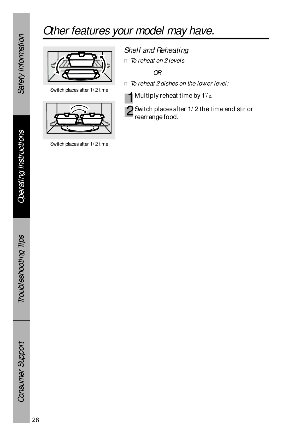 GE JVM1533 owner manual Shelf and Reheating, To reheat on 2 levels To reheat 2 dishes on the lower level 