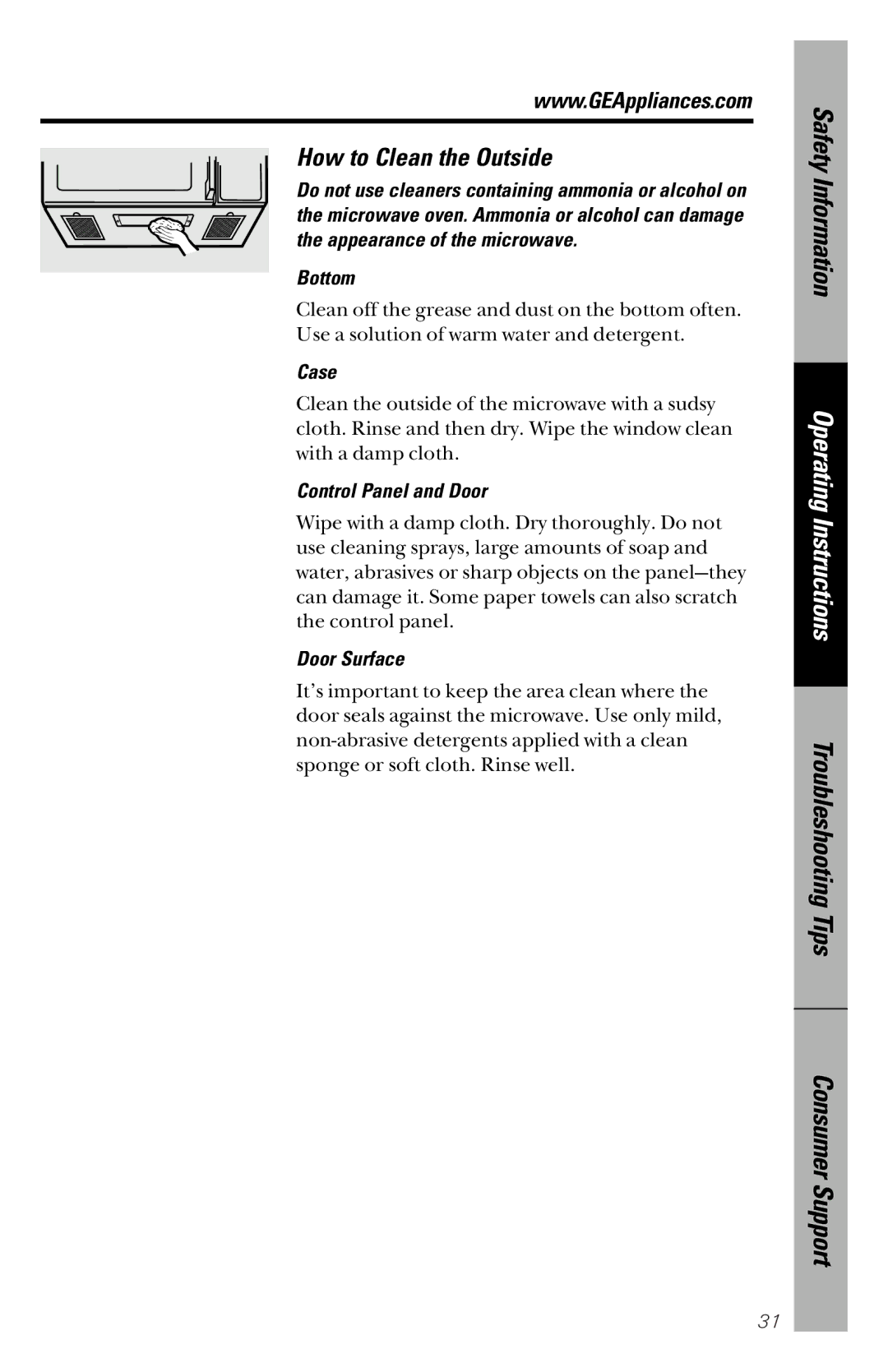 GE JVM1533 owner manual How to Clean the Outside, Bottom, Case, Control Panel and Door, Door Surface 