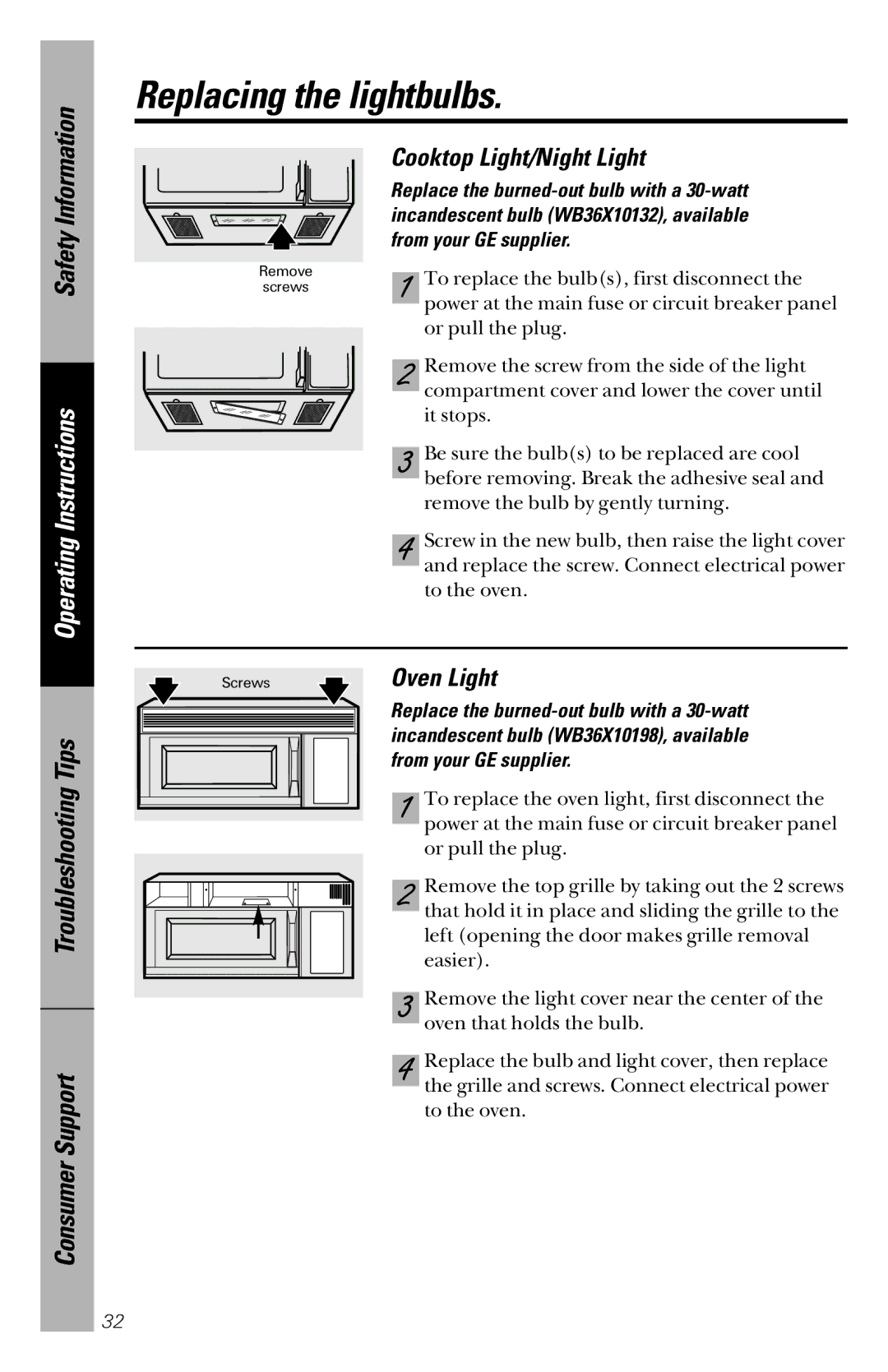 GE JVM1533 owner manual Replacing the lightbulbs, Cooktop Light/Night Light, Oven Light 