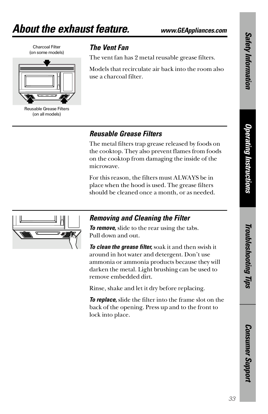 GE JVM1533 owner manual About the exhaust feature, Reusable Grease Filters, Removing and Cleaning the Filter 