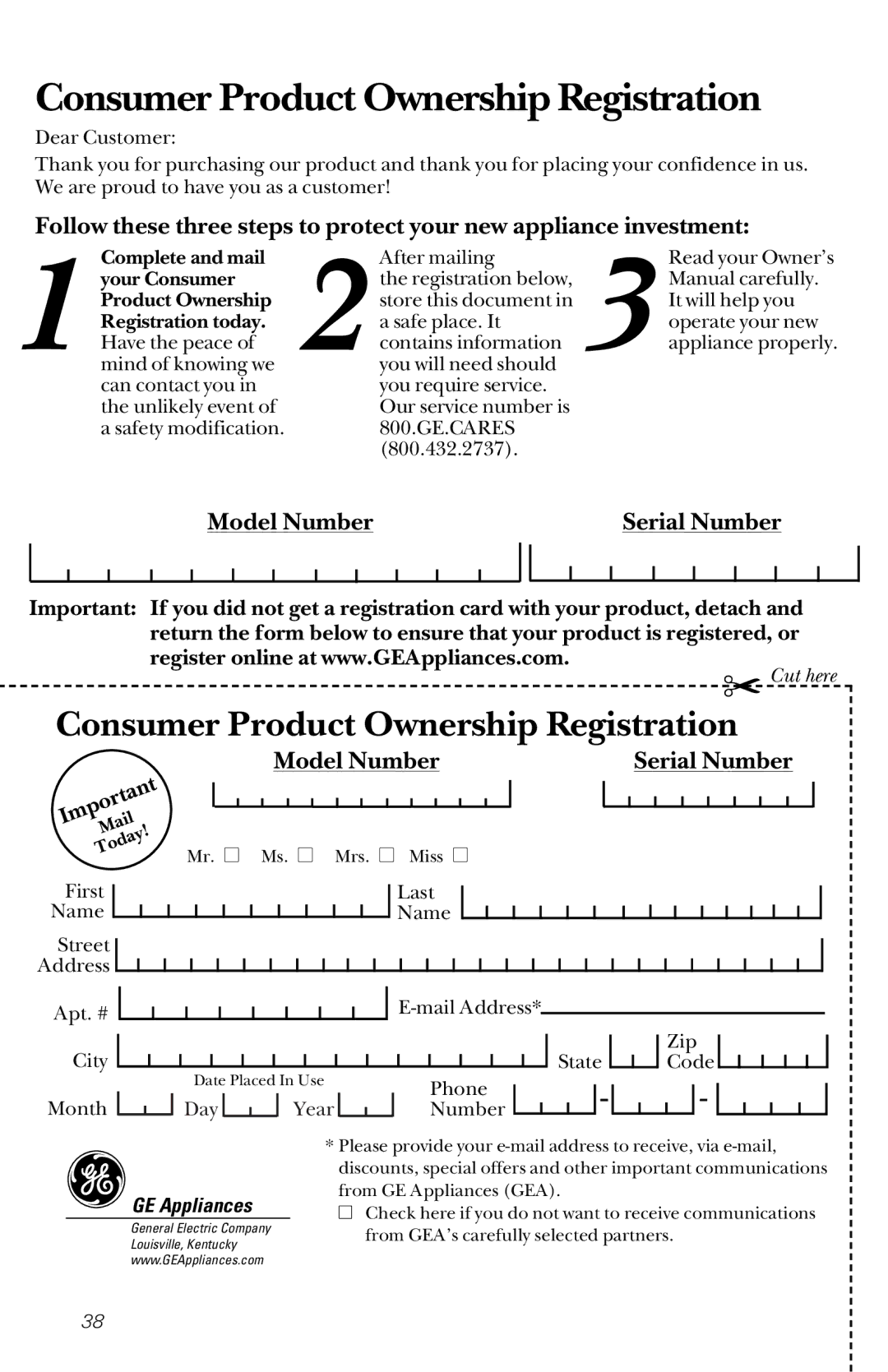 GE JVM1533 owner manual Consumer Product Ownership Registration, GE Appliances 