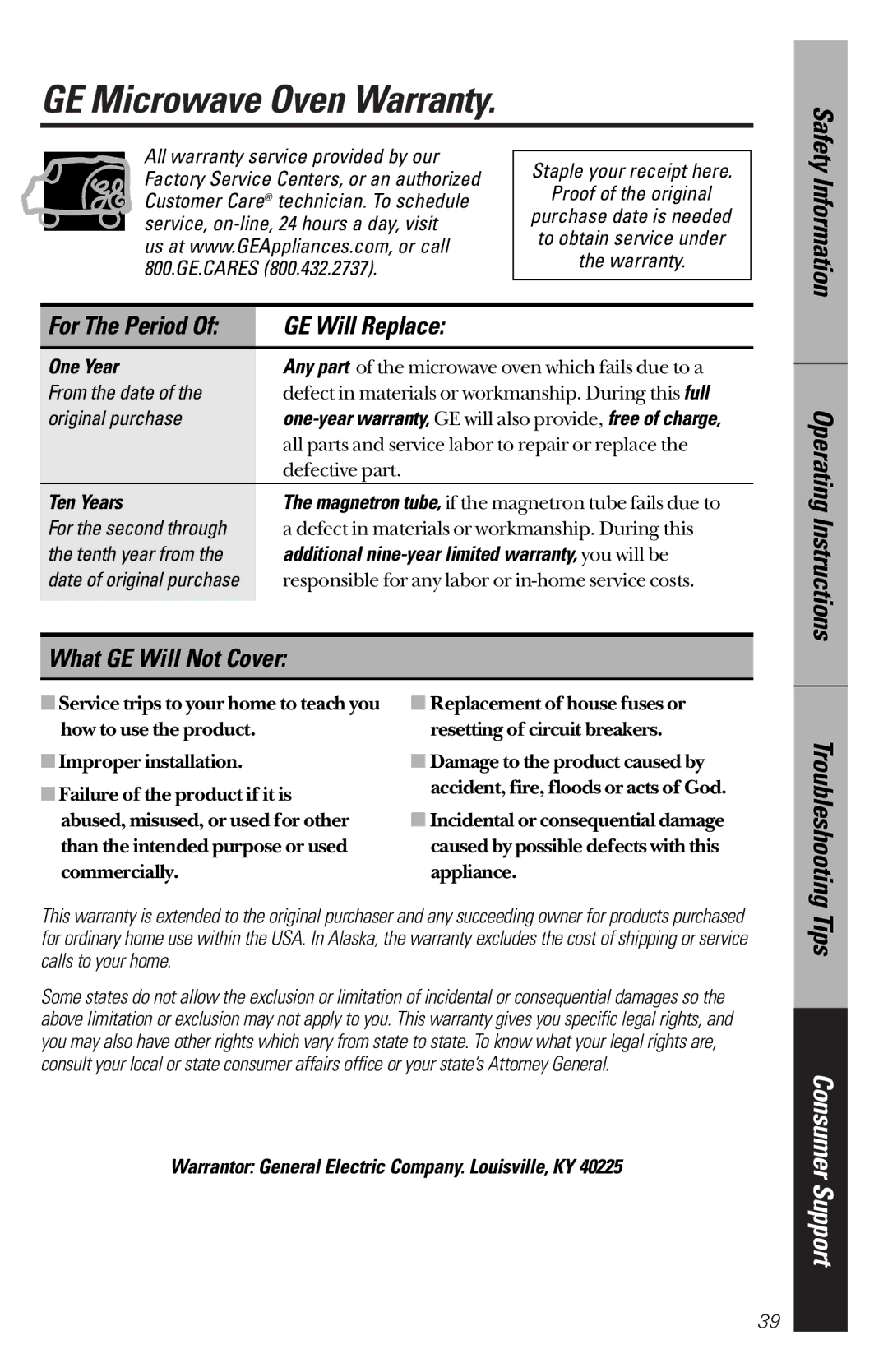 GE JVM1533 owner manual GE Microwave Oven Warranty, Information, GE Will Replace, What GE Will Not Cover 
