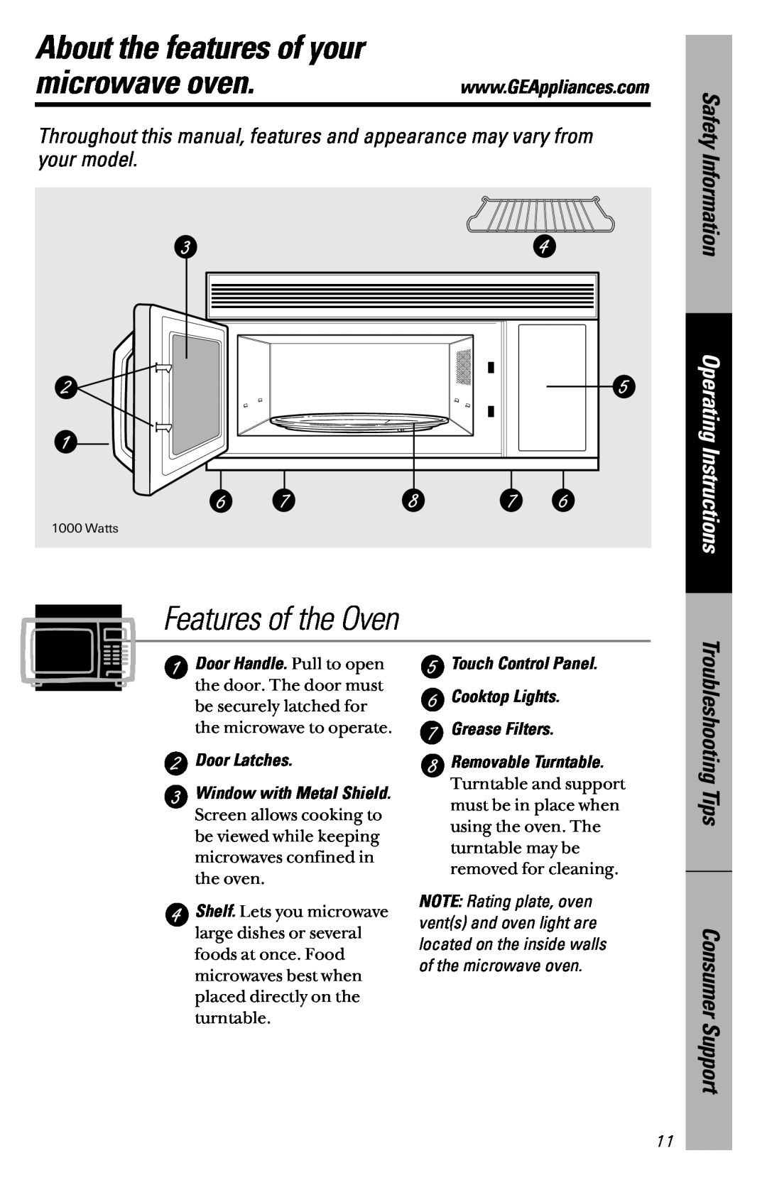 GE JVM1533 About the features of your, microwave oven, Features of the Oven, Safety Information, Operating Instructions 