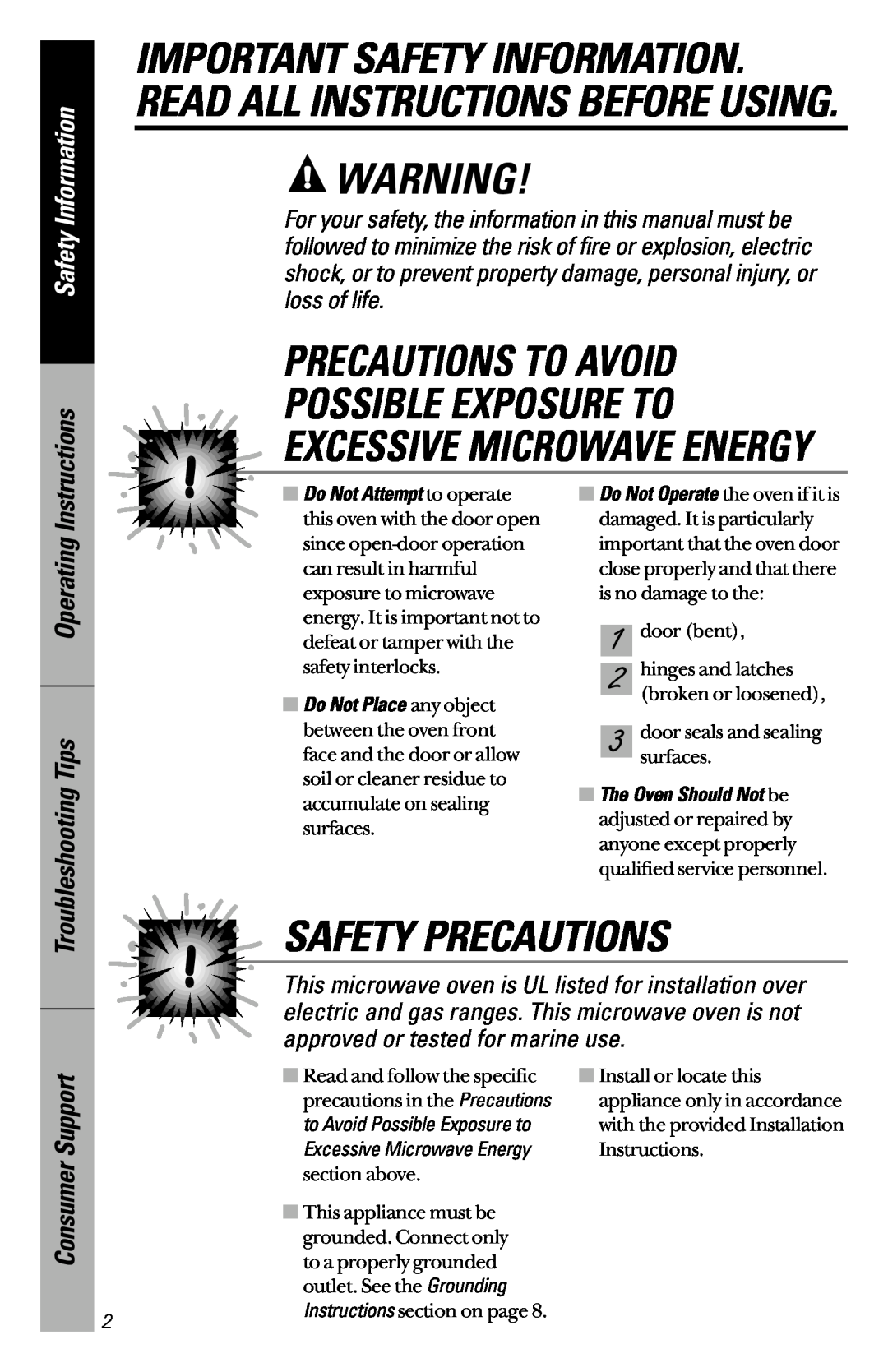 GE JVM1533 Precautions To Avoid Possible Exposure To, Safety Precautions, Excessive Microwave Energy, Safety Information 