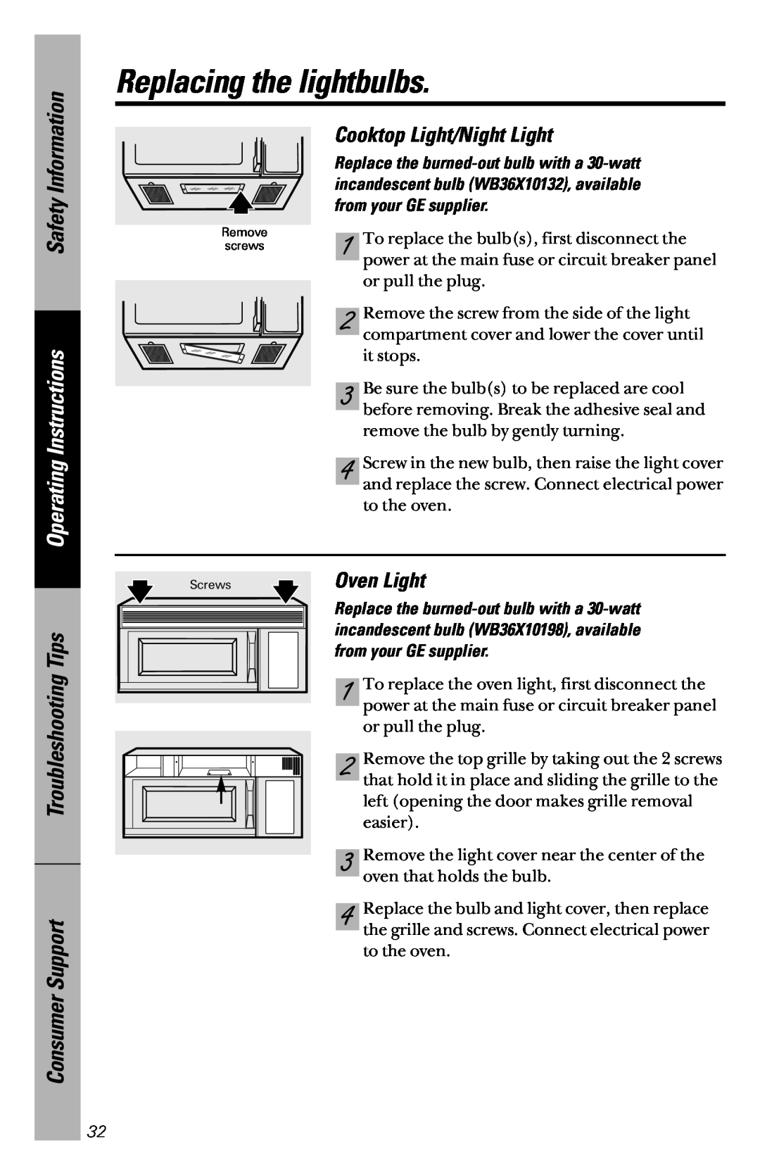 GE JVM1533 Replacing the lightbulbs, Cooktop Light/Night Light, Oven Light, Safety Information, Operating Instructions 