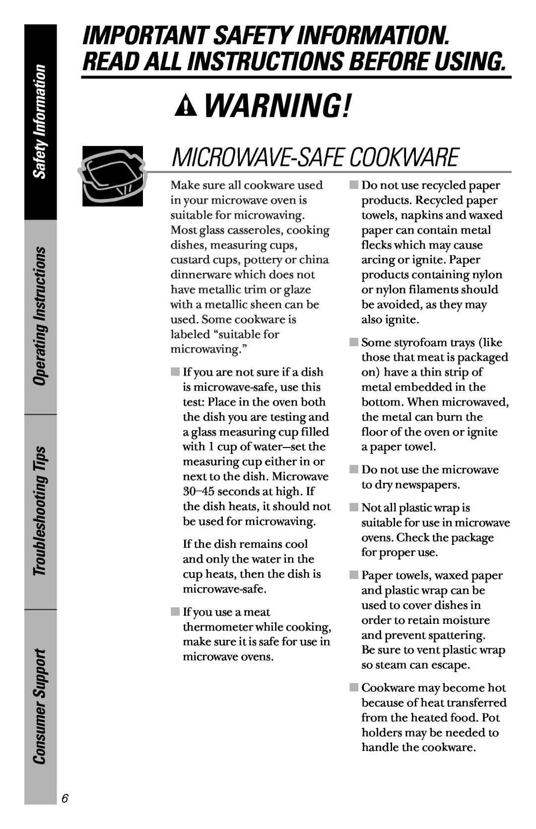 GE JVM1533 Microwave-Safe Cookware, Operating Instructions Troubleshooting Tips Consumer Support, Safety Information 