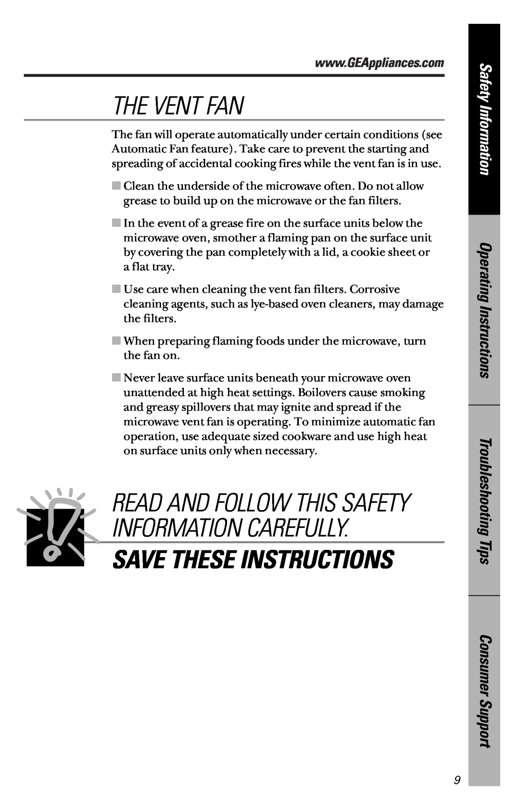 GE JVM1533 The Vent Fan, Save These Instructions, Read And Follow This Safety Information Carefully, Consumer Support 
