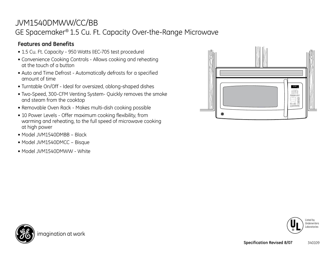 GE JVM1540DMBB, JVM1540DMCC, JVM1540DMWW installation instructions Features and Benefits 