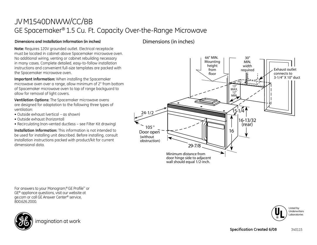 GE JVM1540DNBB dimensions JVM1540DNWW/CC/BB, GE Spacemaker 1.5 Cu. Ft. Capacity Over-the-Range Microwave, 29-7/8 