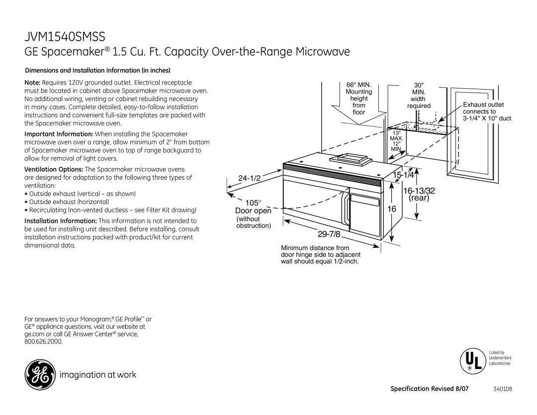 GE JVM1540SMSS installation instructions GE Spacemaker 1.5 Cu. Ft. Capacity Over-the-Range Microwave, 29-7/8 