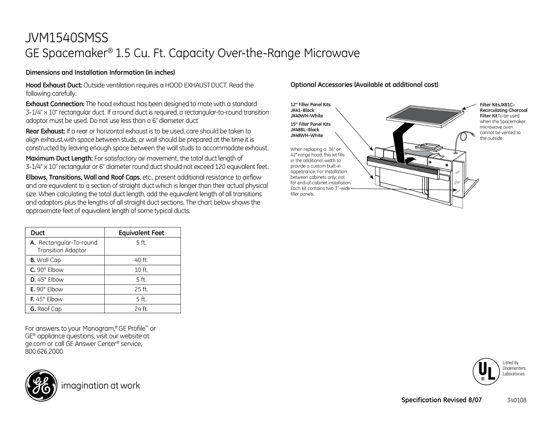 GE JVM1540SMSS installation instructions Duct Equivalent Feet, Optional Accessories Available at additional cost 