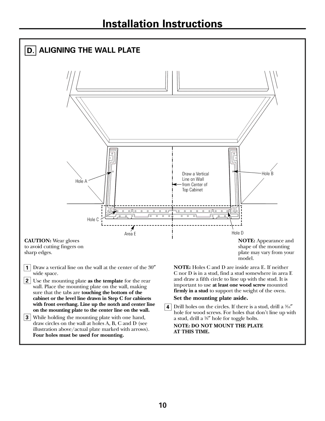 GE JVM1653SH, JVM1600 Series, JVM1653WH manual Aligning the Wall Plate, Set the mounting plate aside 