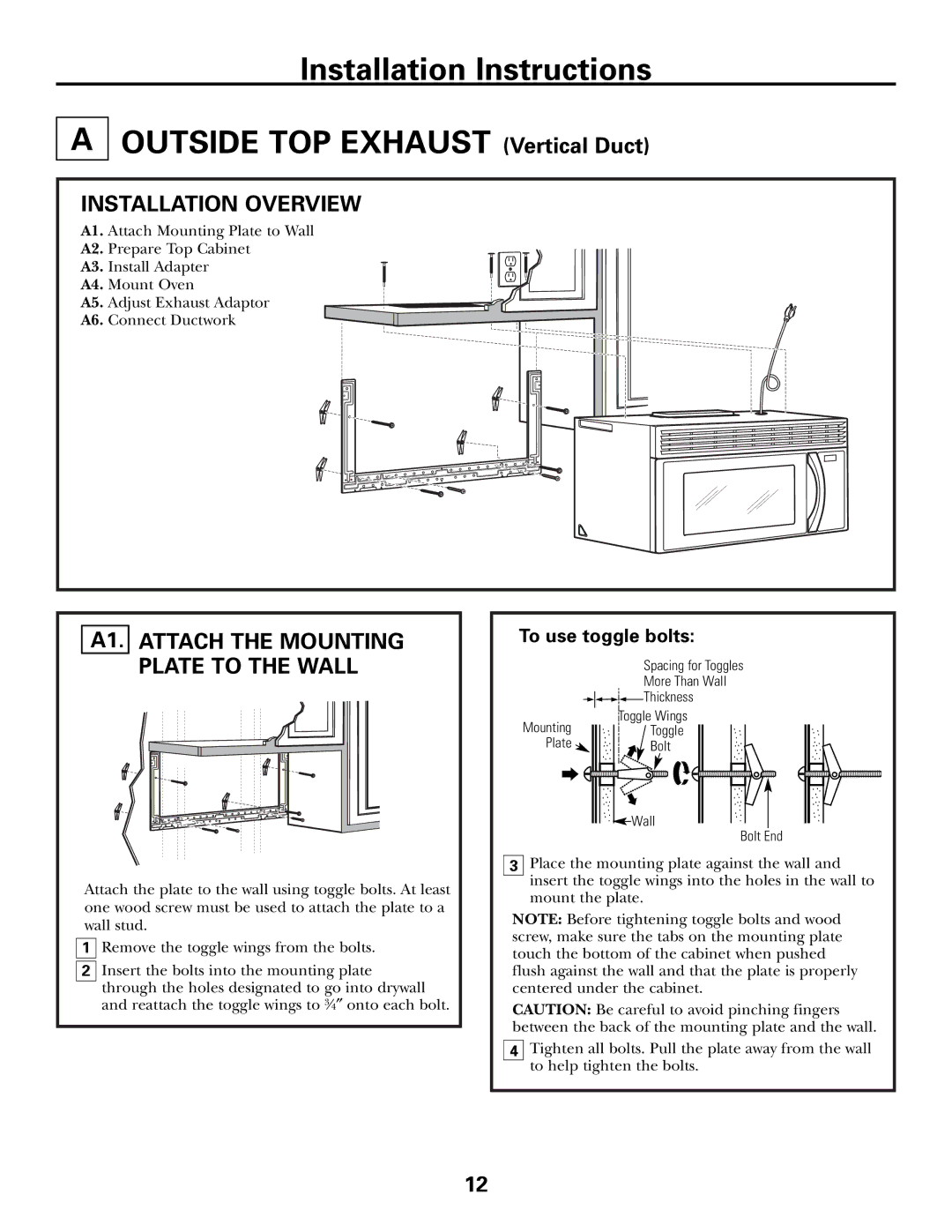 GE JVM1600 Series, JVM1653SH manual Installation Overview, A1. Attach the Mounting Plate to the Wall, To use toggle bolts 