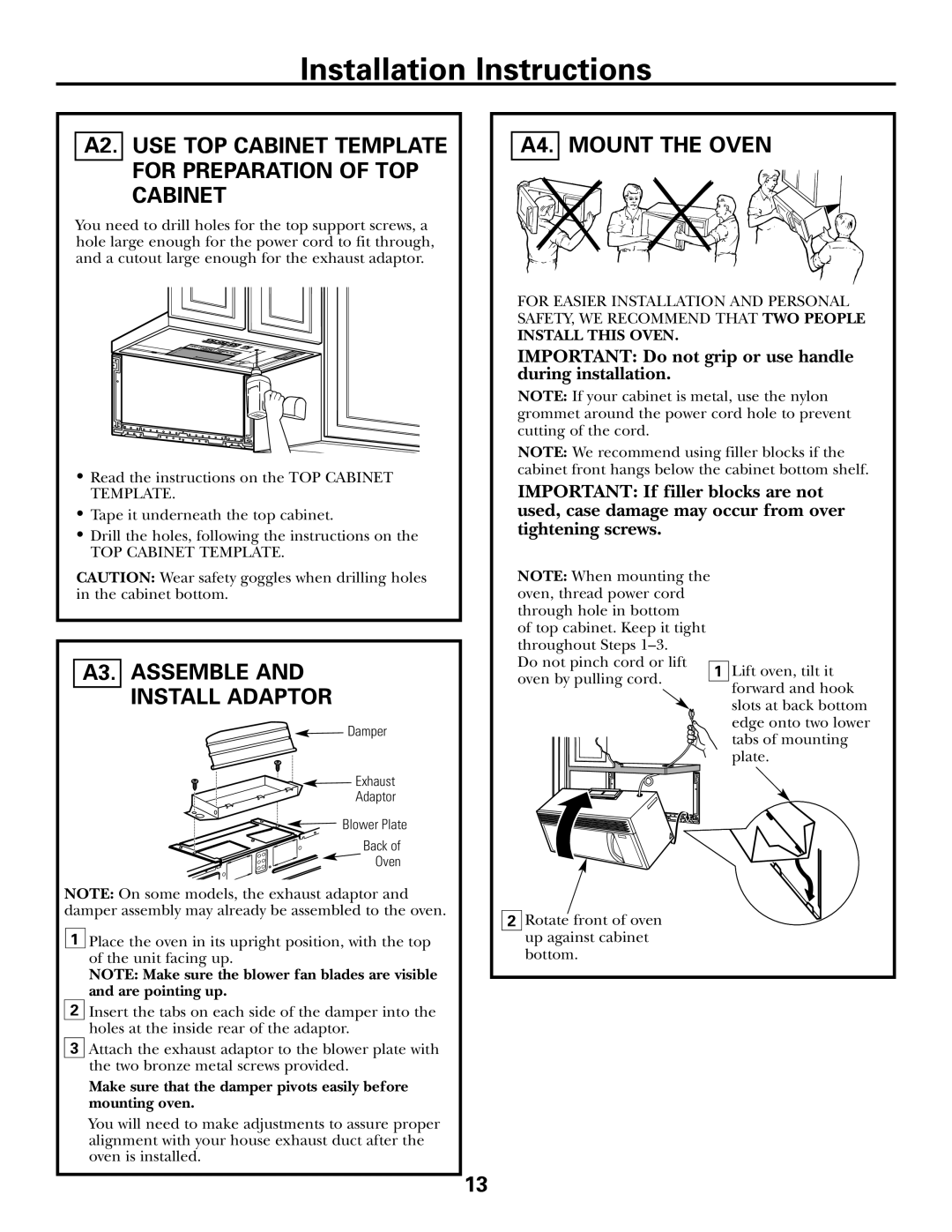 GE JVM1653SH A4. Mount the Oven, A3. Assemble Install Adaptor, A2. USE TOP Cabinet Template for Preparation of TOP Cabinet 