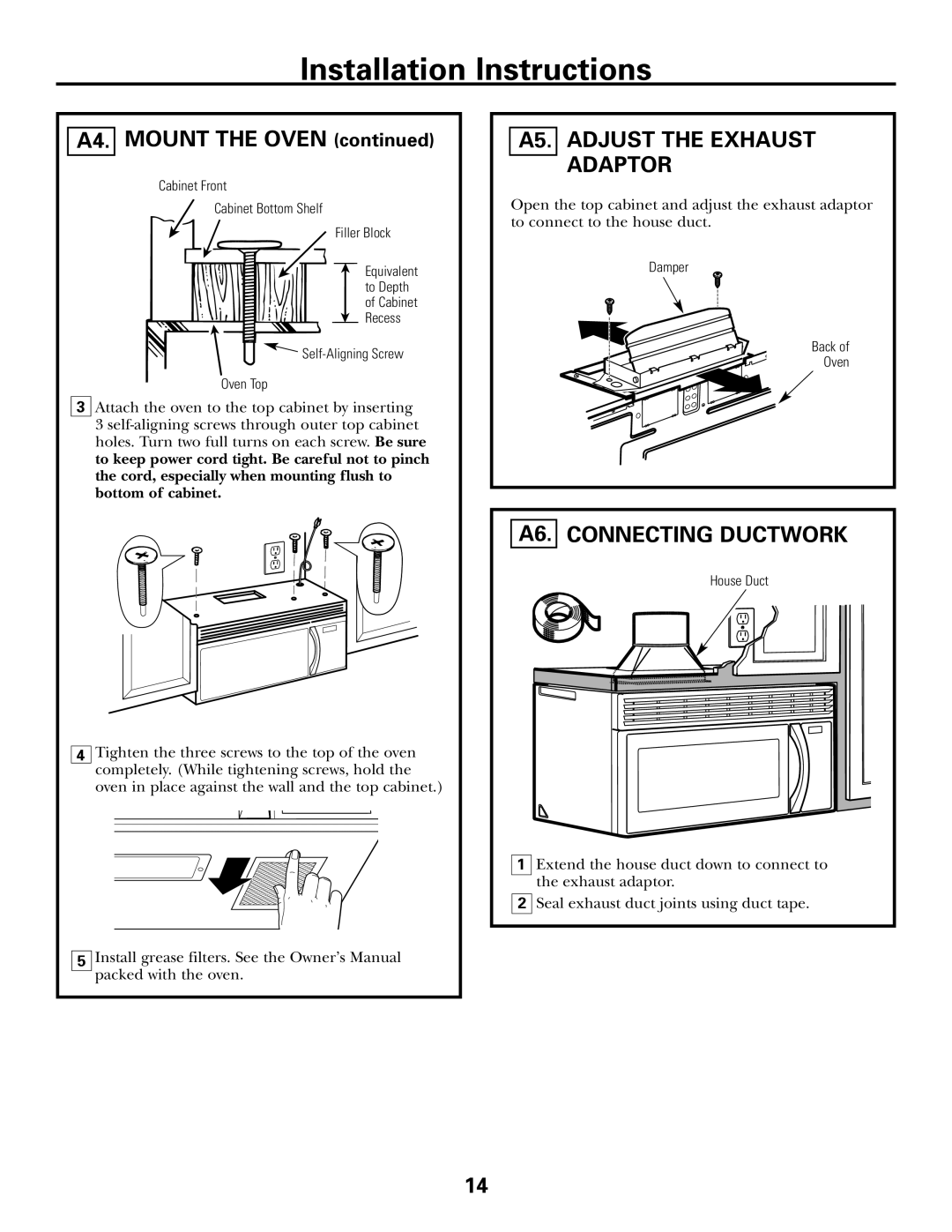 GE JVM1653WH, JVM1600 Series, JVM1653SH manual A5. Adjust the Exhaust Adaptor, A6. Connecting Ductwork 