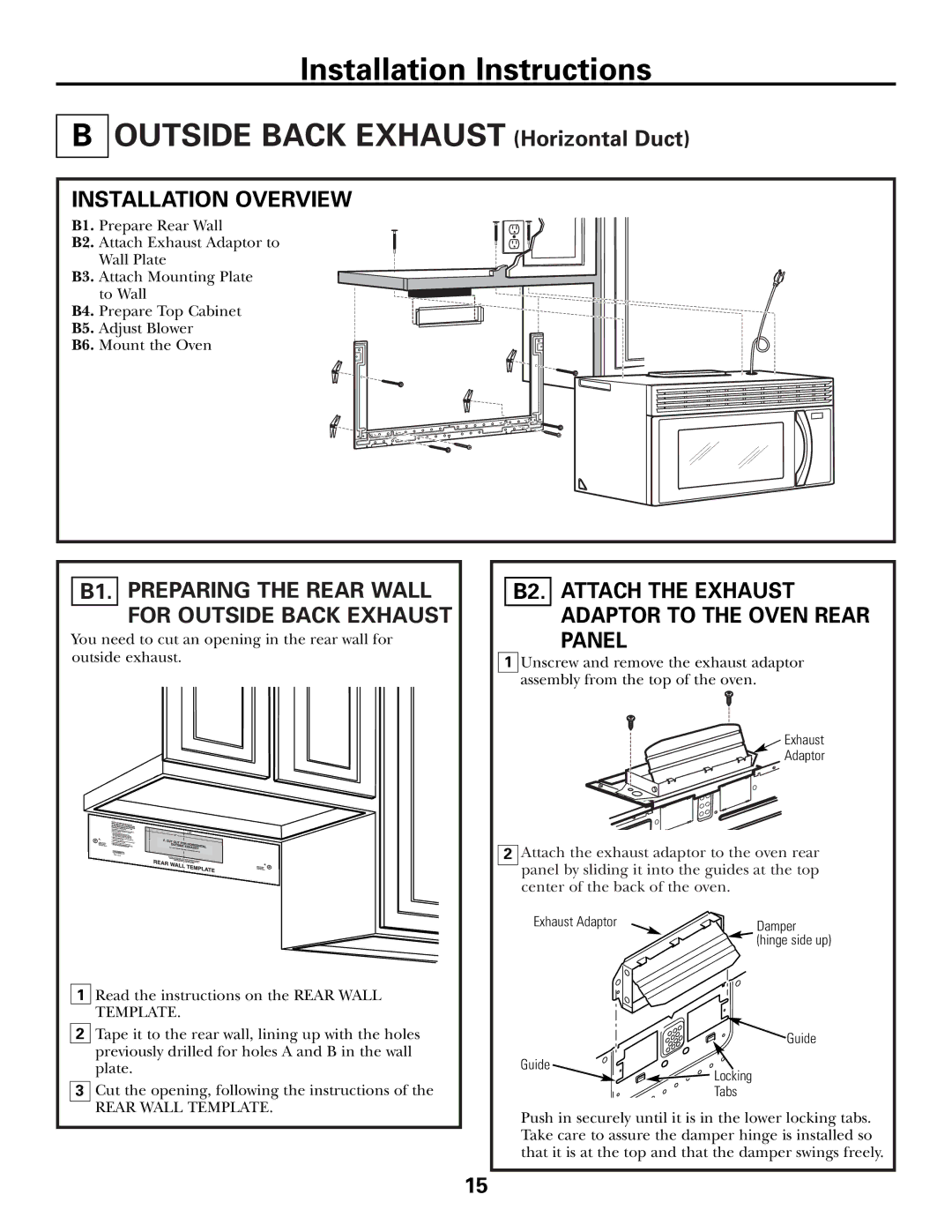 GE JVM1600 Series, JVM1653SH, JVM1653WH manual B2. Attach the Exhaust Adaptor to the Oven Rear Panel 