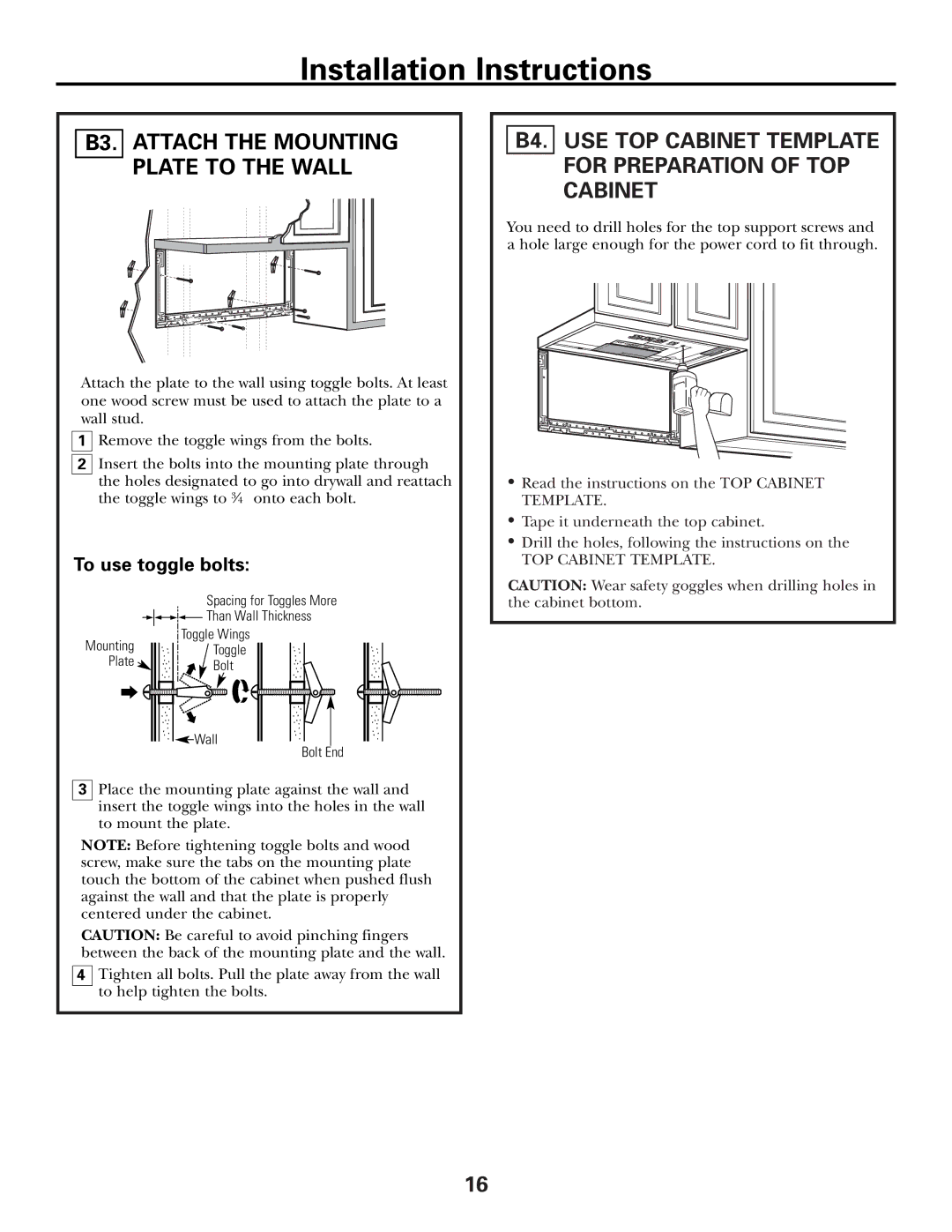 GE JVM1653SH manual B3. Attach the Mounting Plate to the Wall, B4. USE TOP Cabinet Template for Preparation of TOP Cabinet 