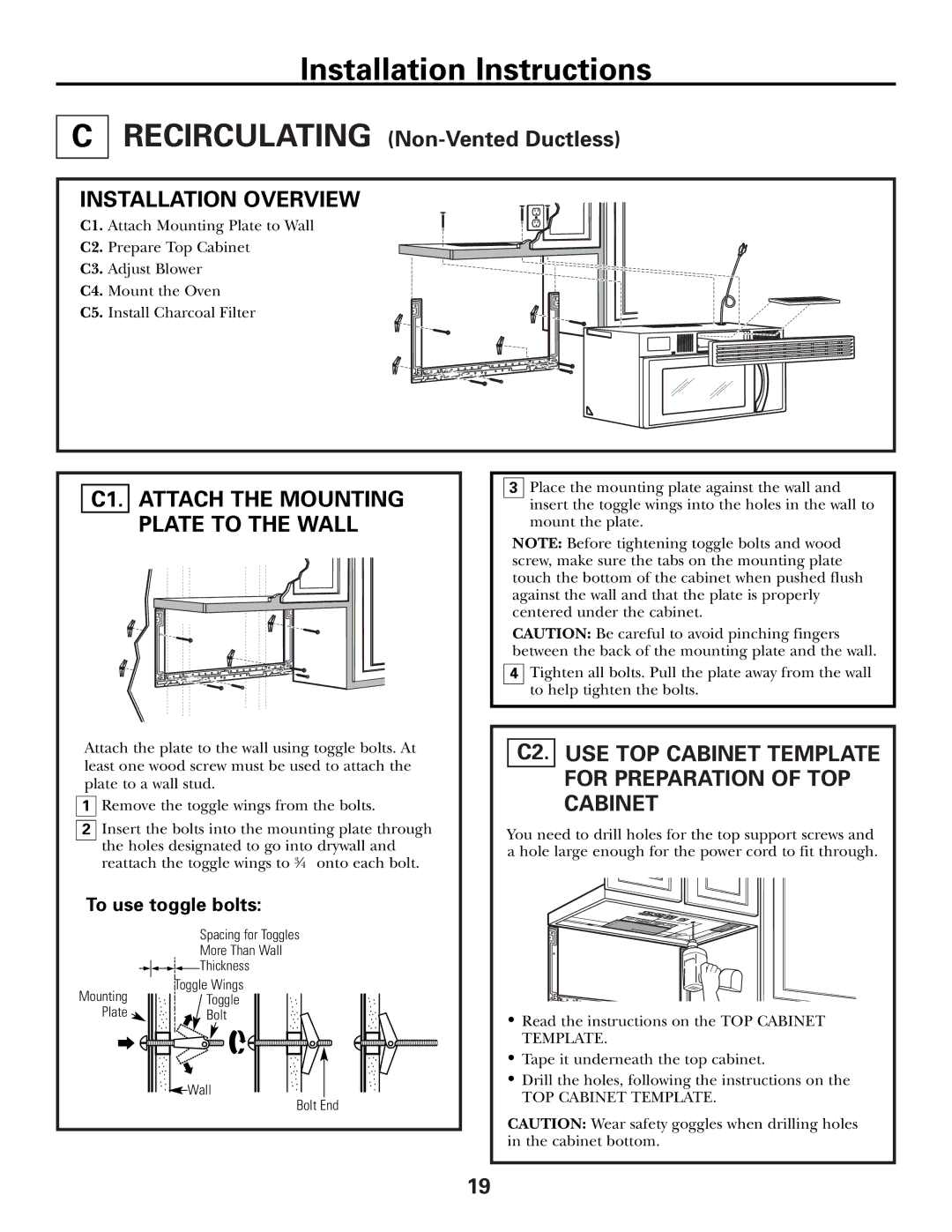 GE JVM1653SH manual C1. Attach the Mounting Plate to the Wall, C2. USE TOP Cabinet Template for Preparation of TOP Cabinet 