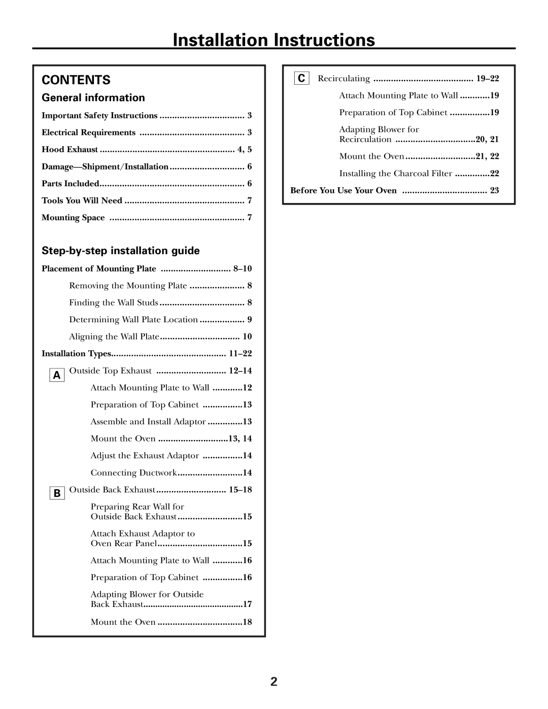 GE JVM1653WH, JVM1600 Series, JVM1653SH manual Installation Instructions, Contents 