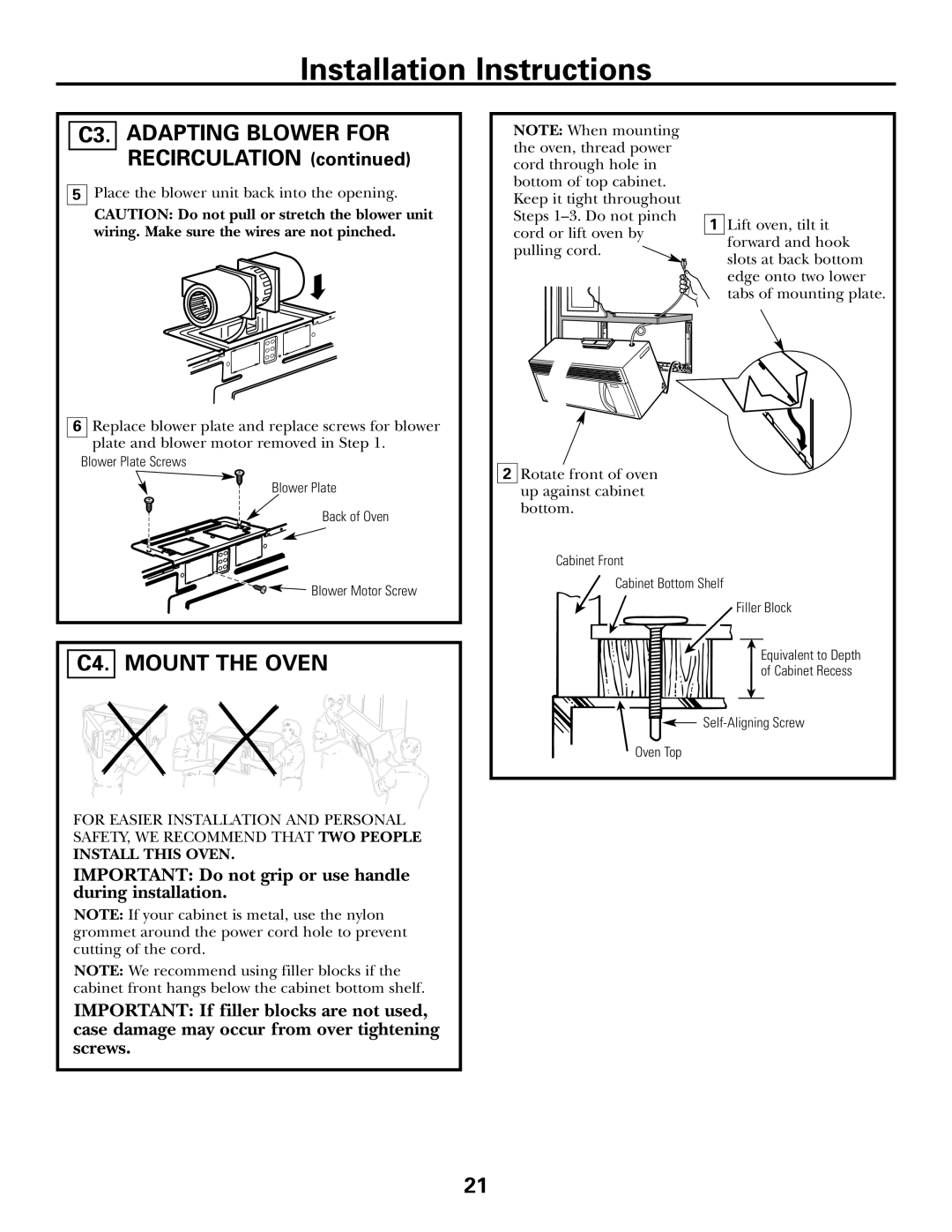 GE JVM1600 Series, JVM1653SH, JVM1653WH manual C3. Adapting Blower for Recirculation, C4. Mount the Oven 